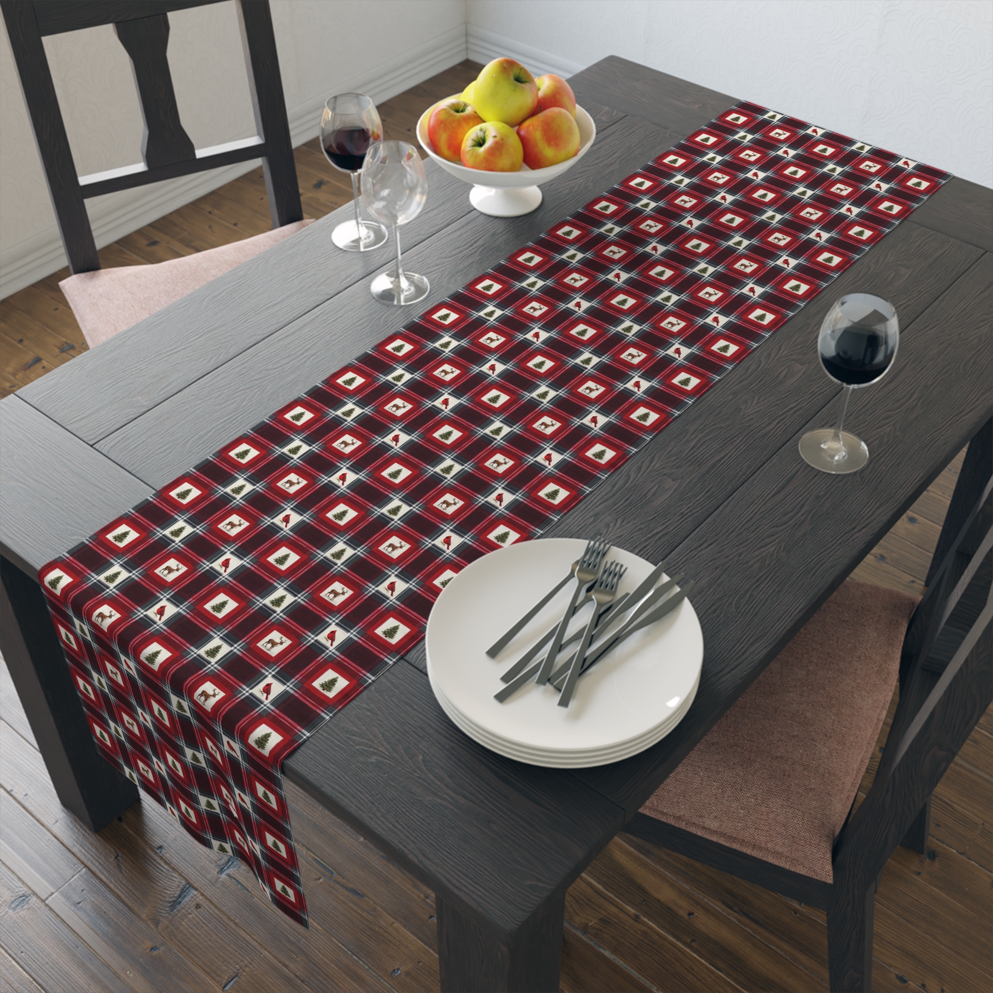 Buffalo Plaid Reindeer Table Runner, Red and Black Christmas Lodge Table Decor, Cabin Holiday Runner - Image 2