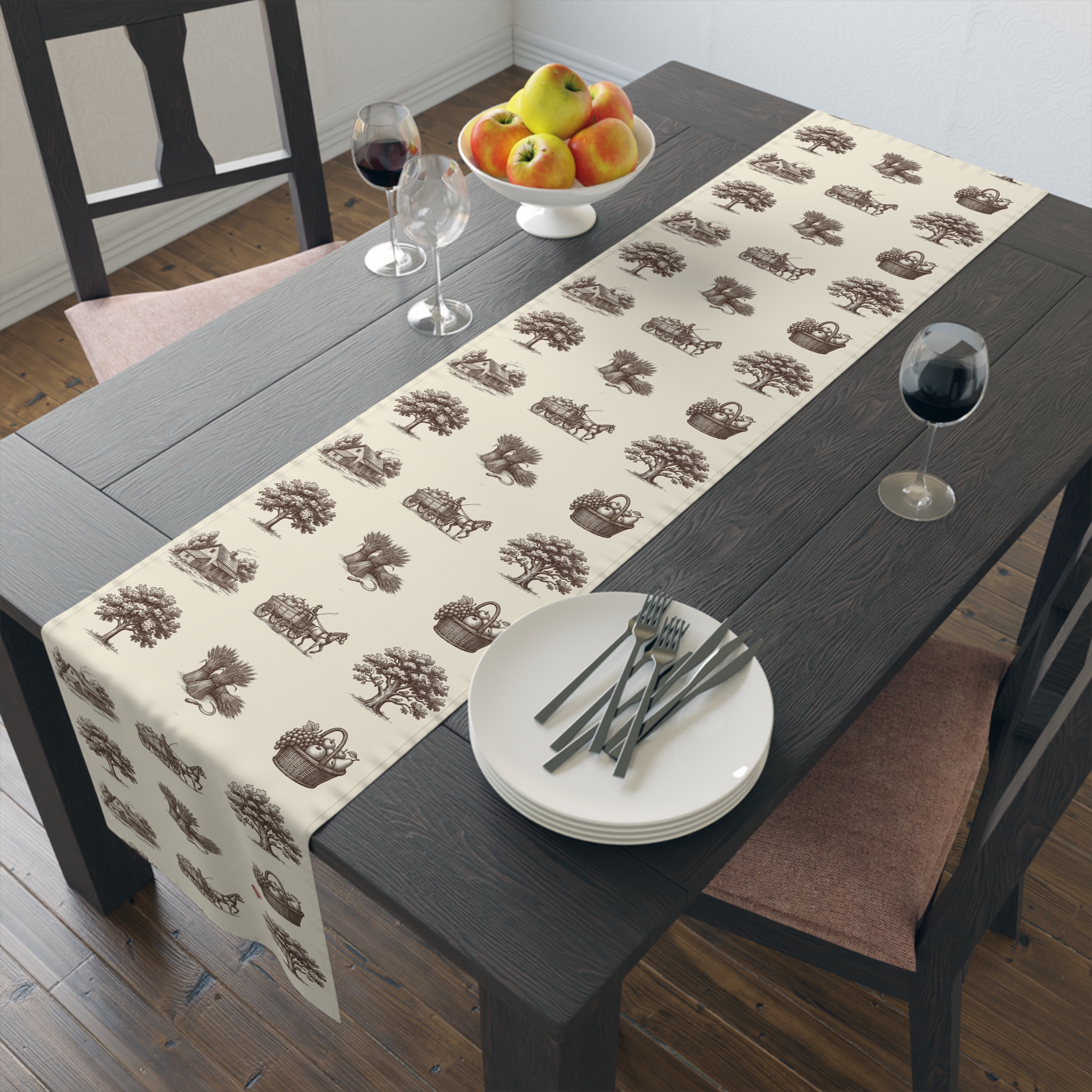 Vintage Harvest Toile Table Runner, Farmhouse Thanksgiving Table Decor, Fall Toile Runner - Image 3