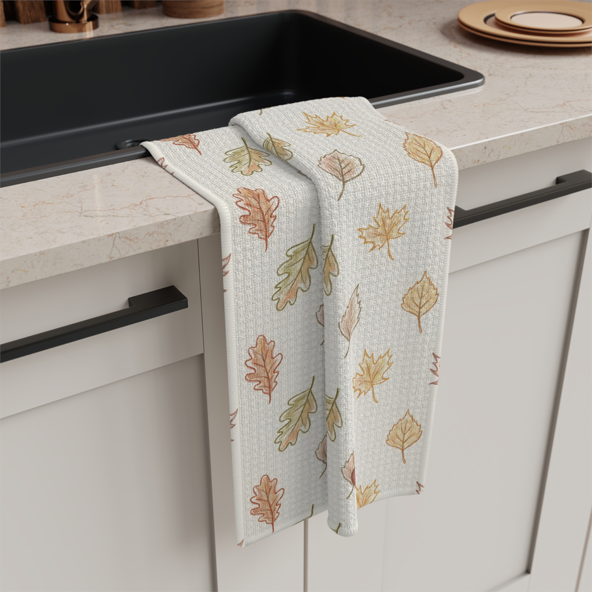 Watercolor Fall Leaves Tea Towel, Neutral Autumn Kitchen Towel, Farmhouse Thanksgiving Hostess Gift - Image 2