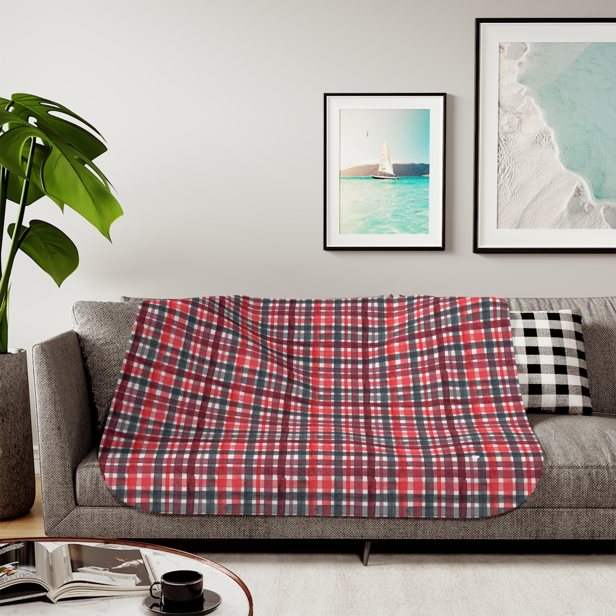 Red and Black Plaid Sherpa Blanket, Watercolor Buffalo Check Christmas Throw, Cozy Cabin Fleece Blanket - Image 3