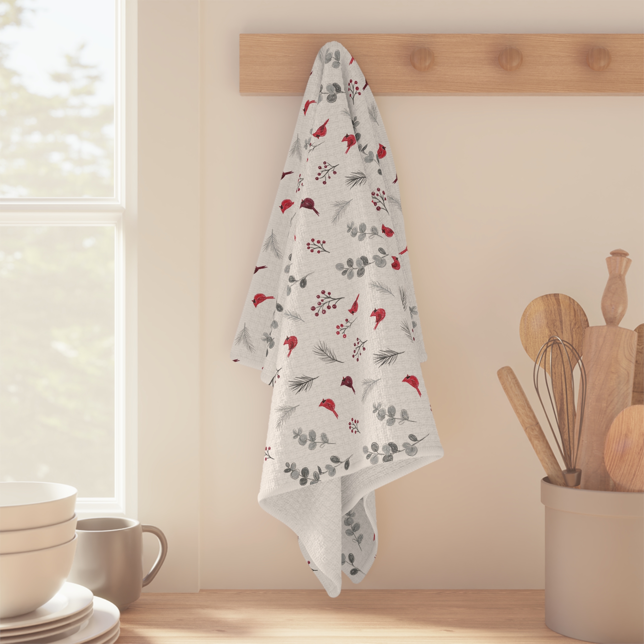 Cardinal Christmas Tea Towel, Watercolor Red Bird Kitchen Towel, Holiday Hostess Gift - Image 4