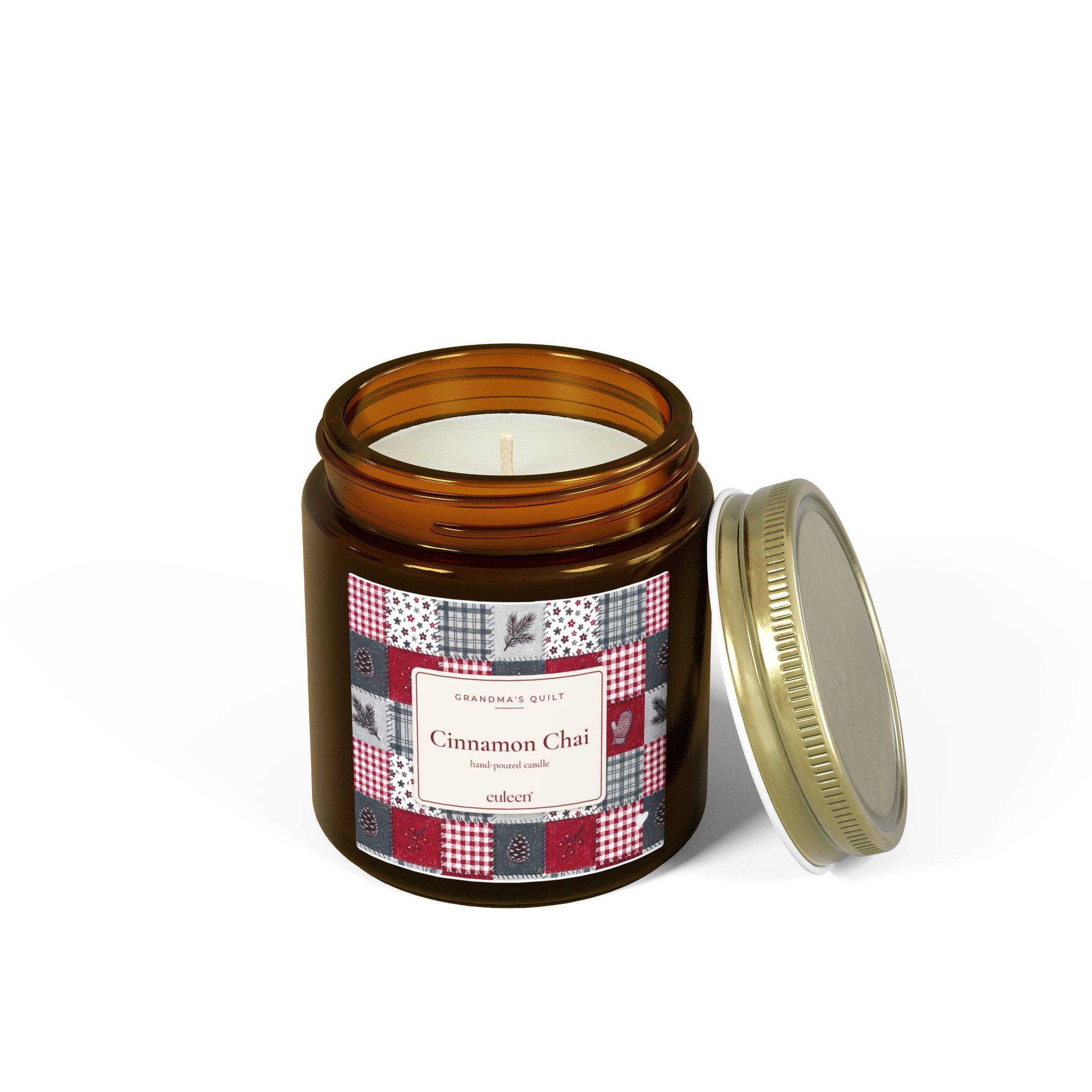 Grandma's Quilt Cinnamon Chai Candle, Patchwork Christmas Decor, Amber or Clear Glass Jar - Image 12