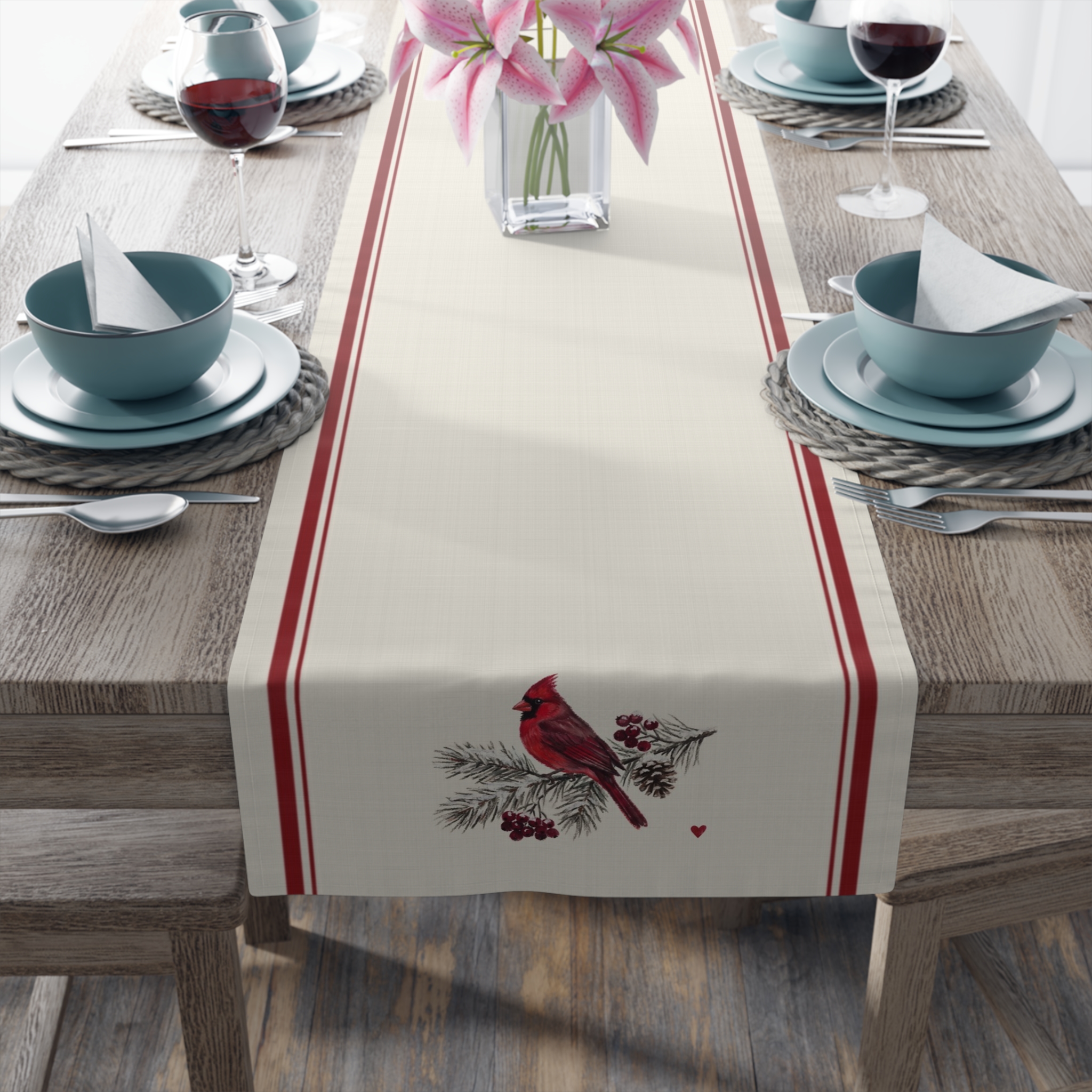 Cardinal Table Runner, French Stripe Christmas Table Decor, Linen Look Farmhouse Winter Runner - Image 4
