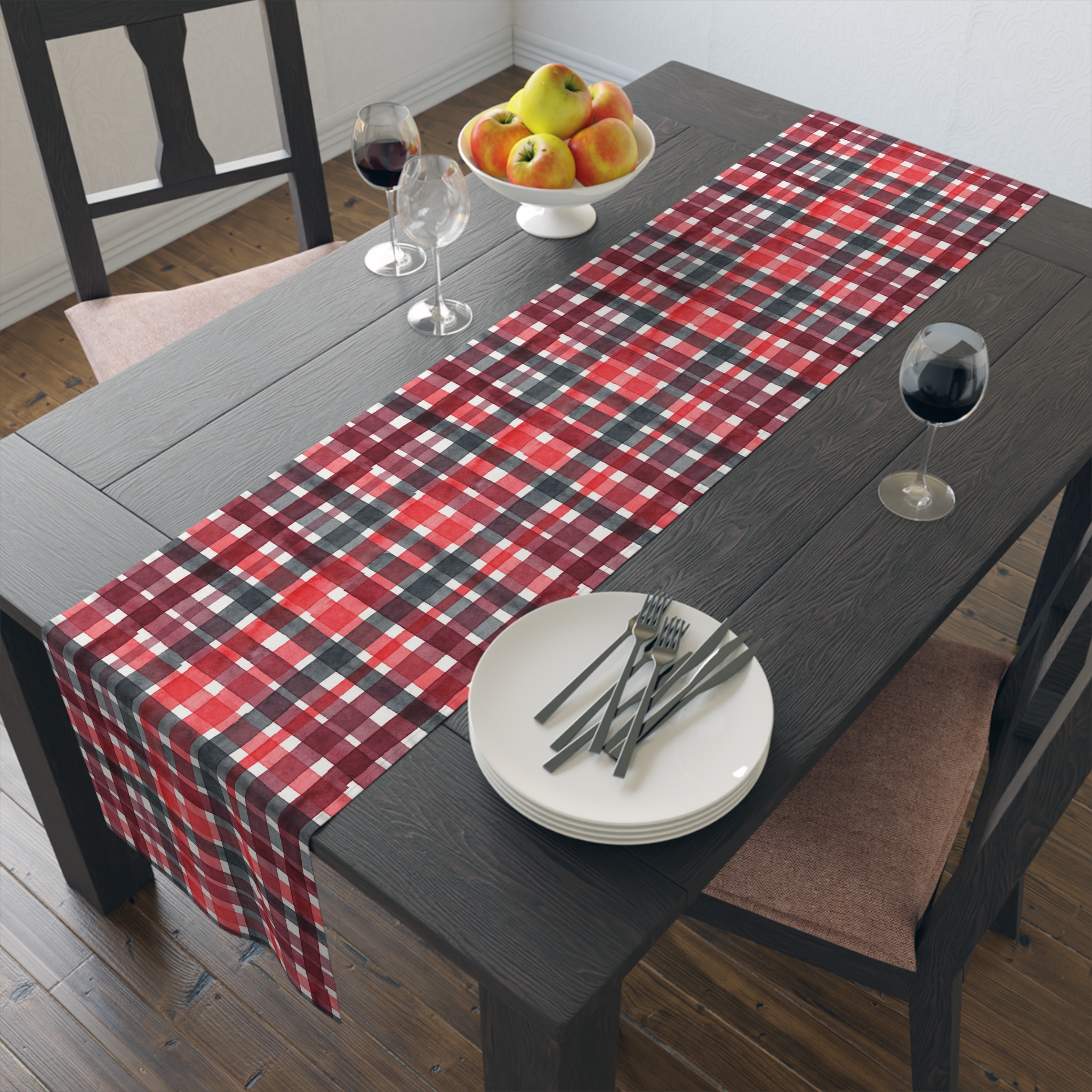 Red and Black Plaid Table Runner, Watercolor Buffalo Check Christmas Table Decor, Cabin Farmhouse Holiday Runner - Image 2