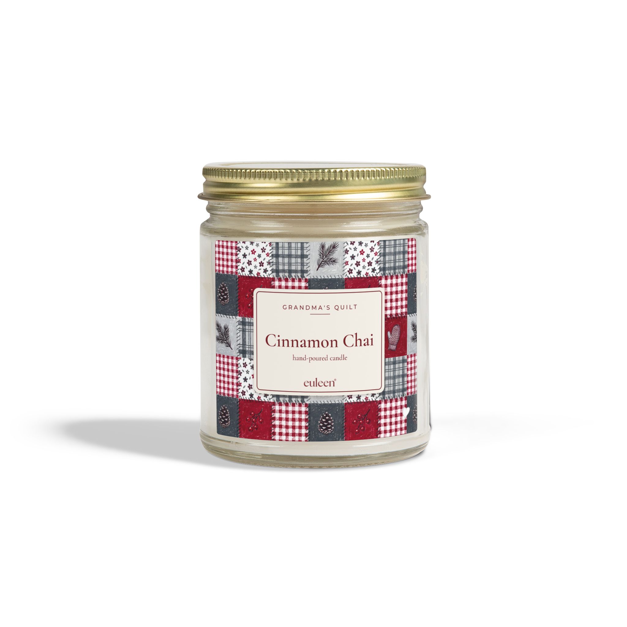 Grandma's Quilt Cinnamon Chai Candle, Patchwork Christmas Decor, Amber or Clear Glass Jar - Image 8