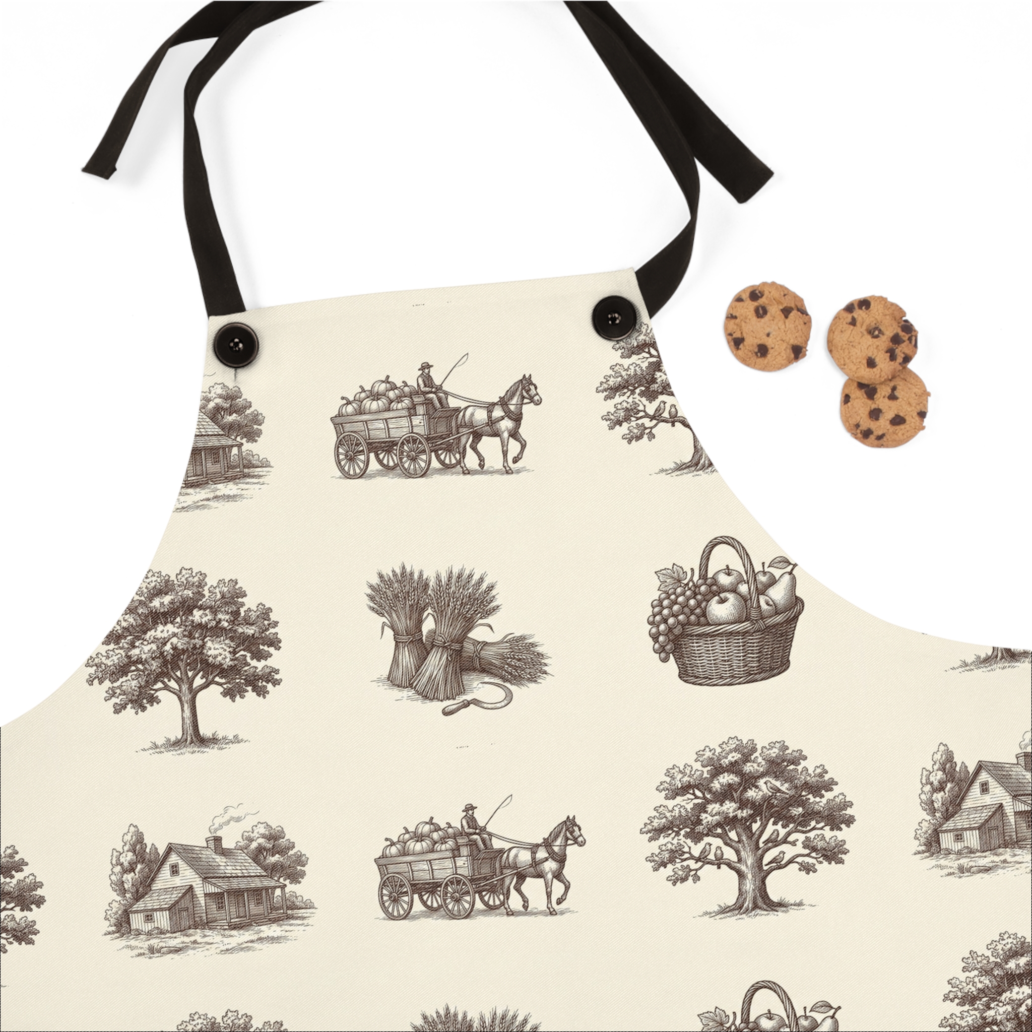 Vintage Harvest Toile Apron, Farmhouse Fall Kitchen Apron, Thanksgiving Baking Gift - Image 3