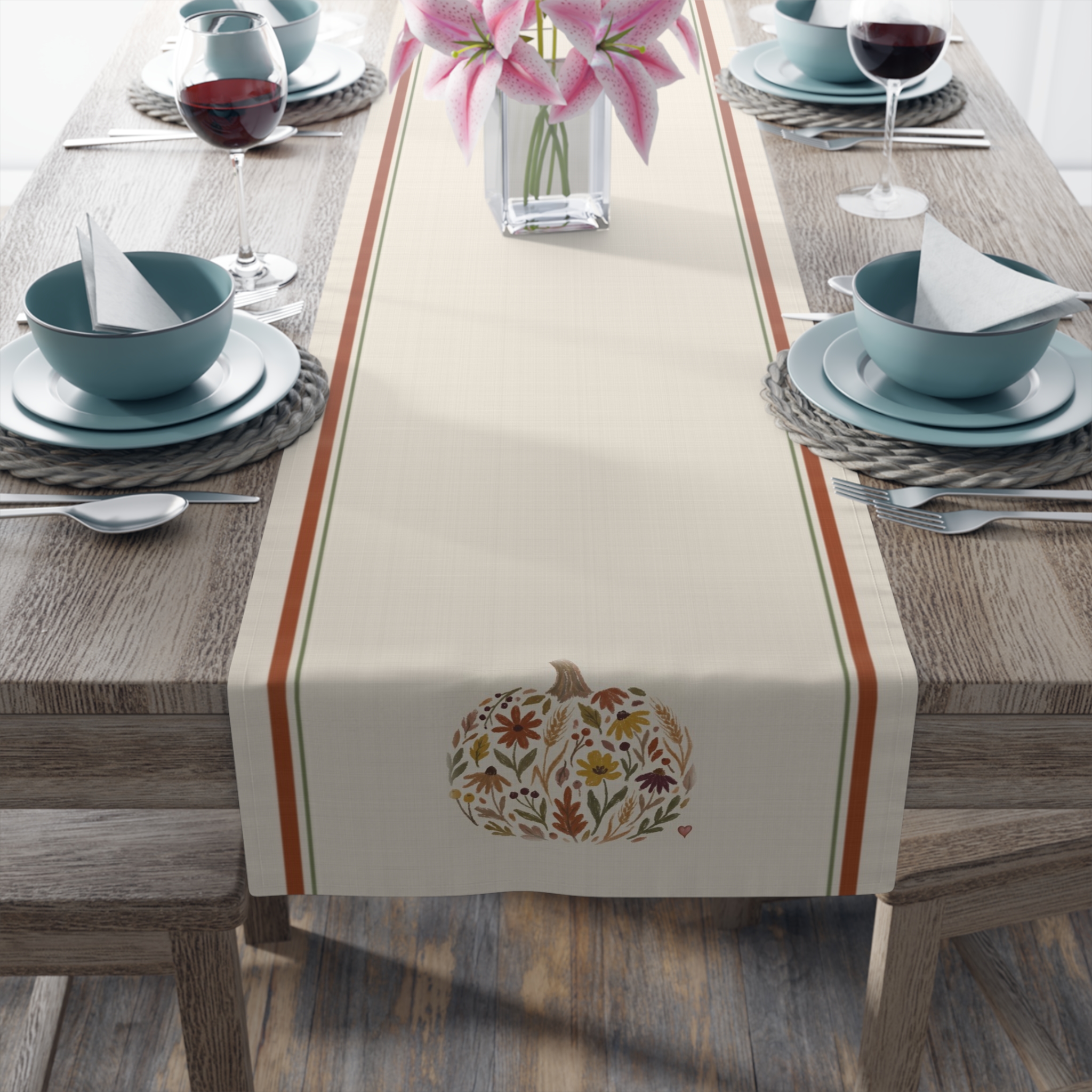 Floral Pumpkin Table Runner, French Stripe Fall Table Decor, Farmhouse Thanksgiving Runner - Image 4