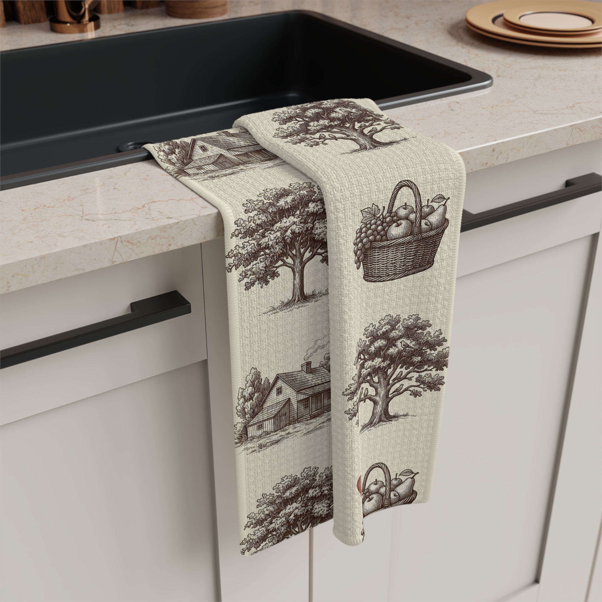 Vintage Harvest Toile Tea Towel, Farmhouse Fall Kitchen Towel, Thanksgiving Hostess Gift - Image 2