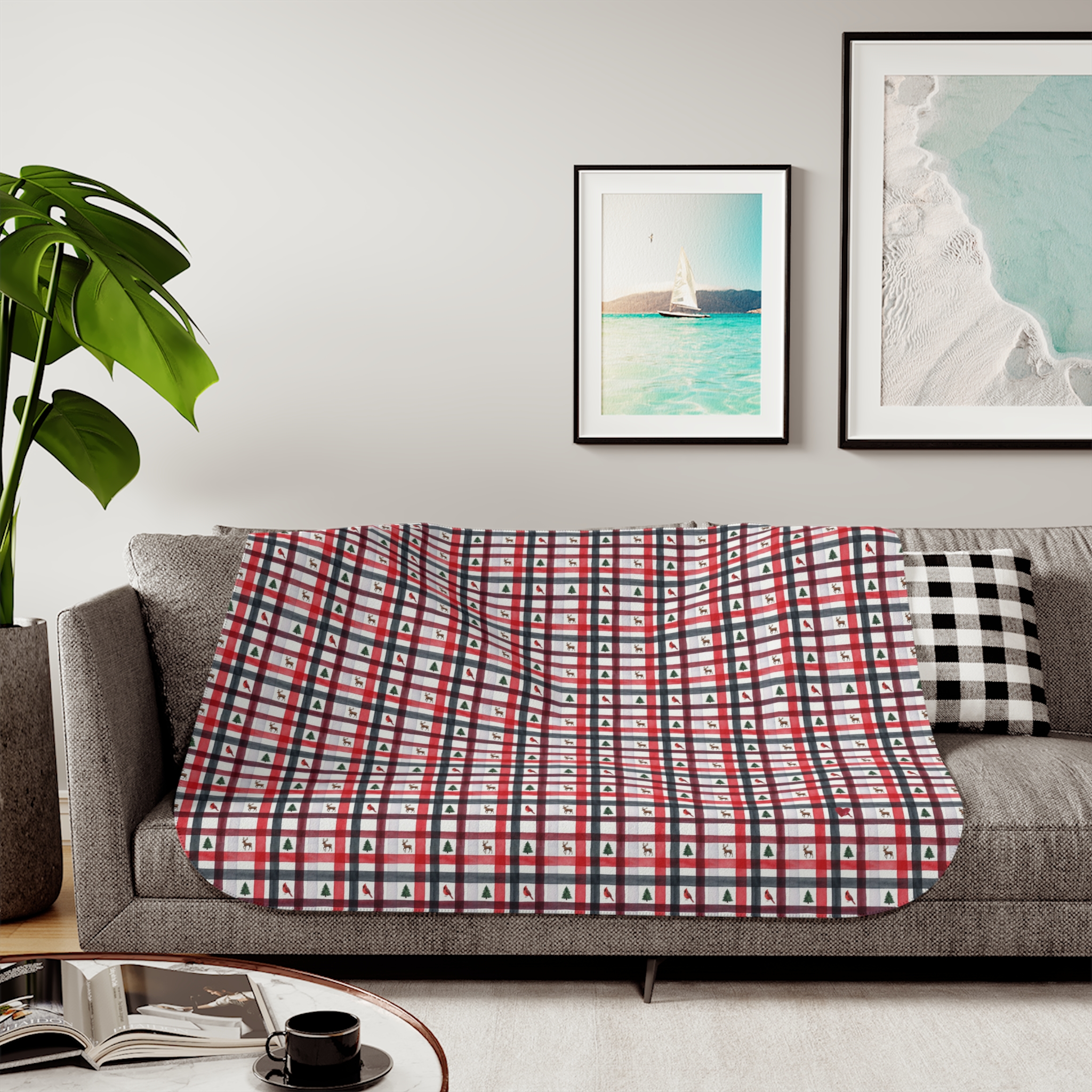 Red and White Christmas Plaid Sherpa Blanket, Reindeer Cabin Throw, Holiday Fleece Blanket - Image 3