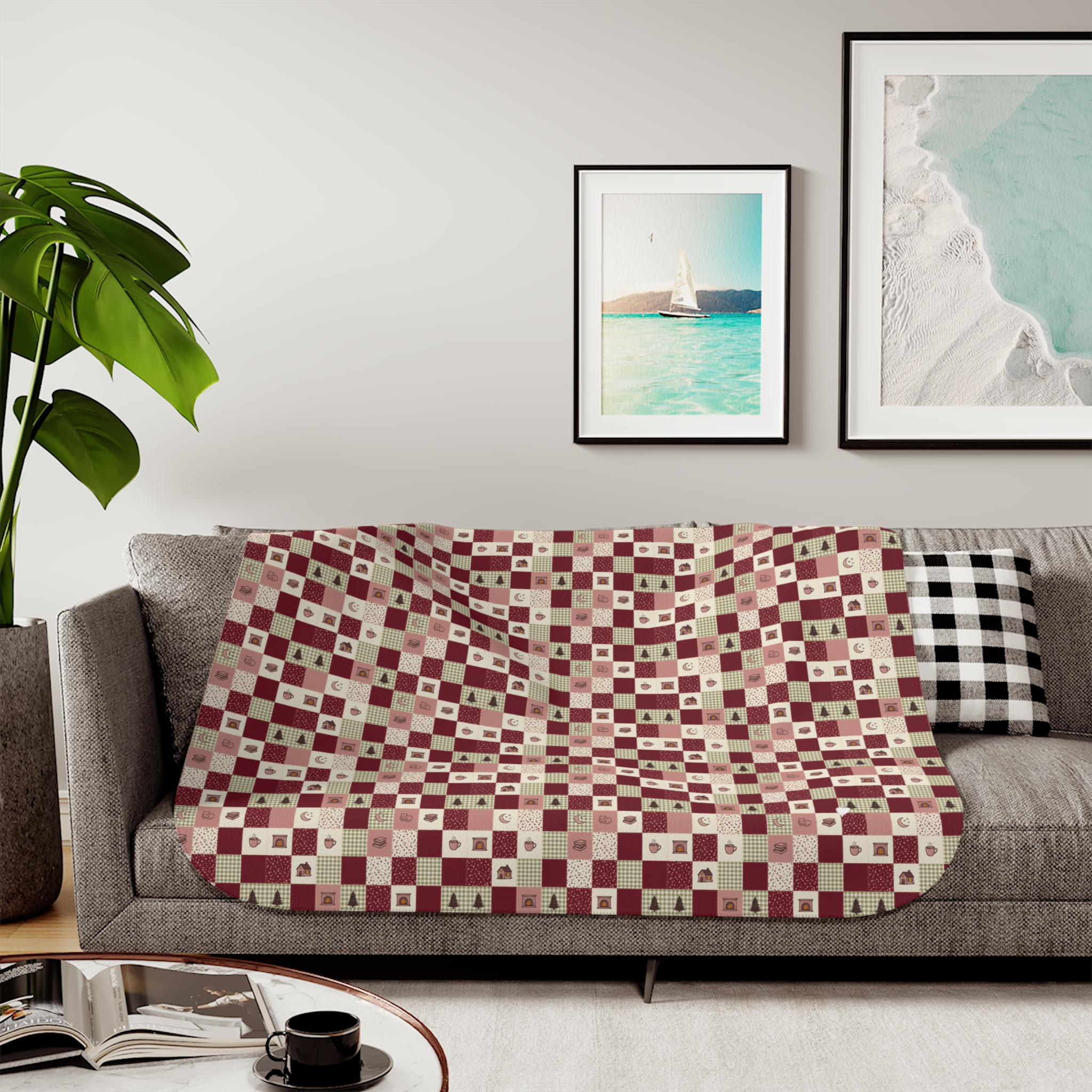 Cranberry Patchwork Sherpa Blanket, Quilt Look Christmas Throw, Cottagecore Holiday Blanket - Image 3