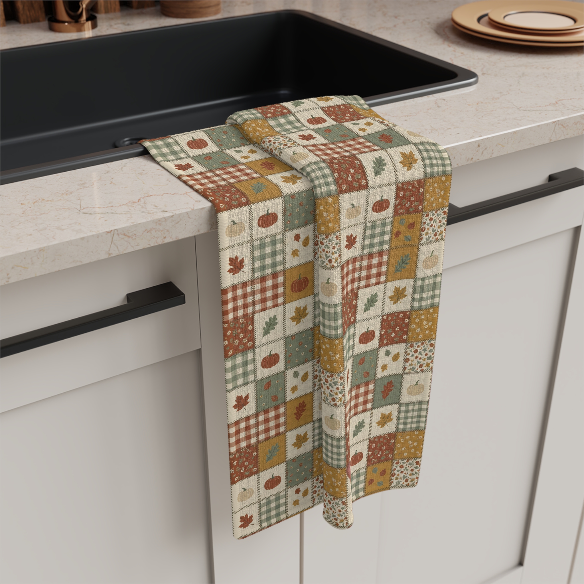 Harvest Patchwork Tea Towel, Mustard and Sage Fall Quilt Look Kitchen Towel, Thanksgiving Hostess Gift - Image 2