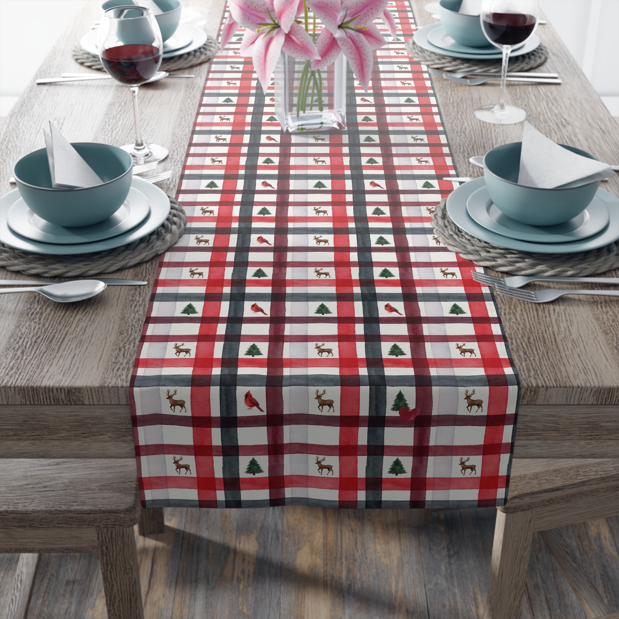 Red and White Christmas Plaid Table Runner, Reindeer Cabin Holiday Table Decor, Watercolor Plaid Runner - Image 3