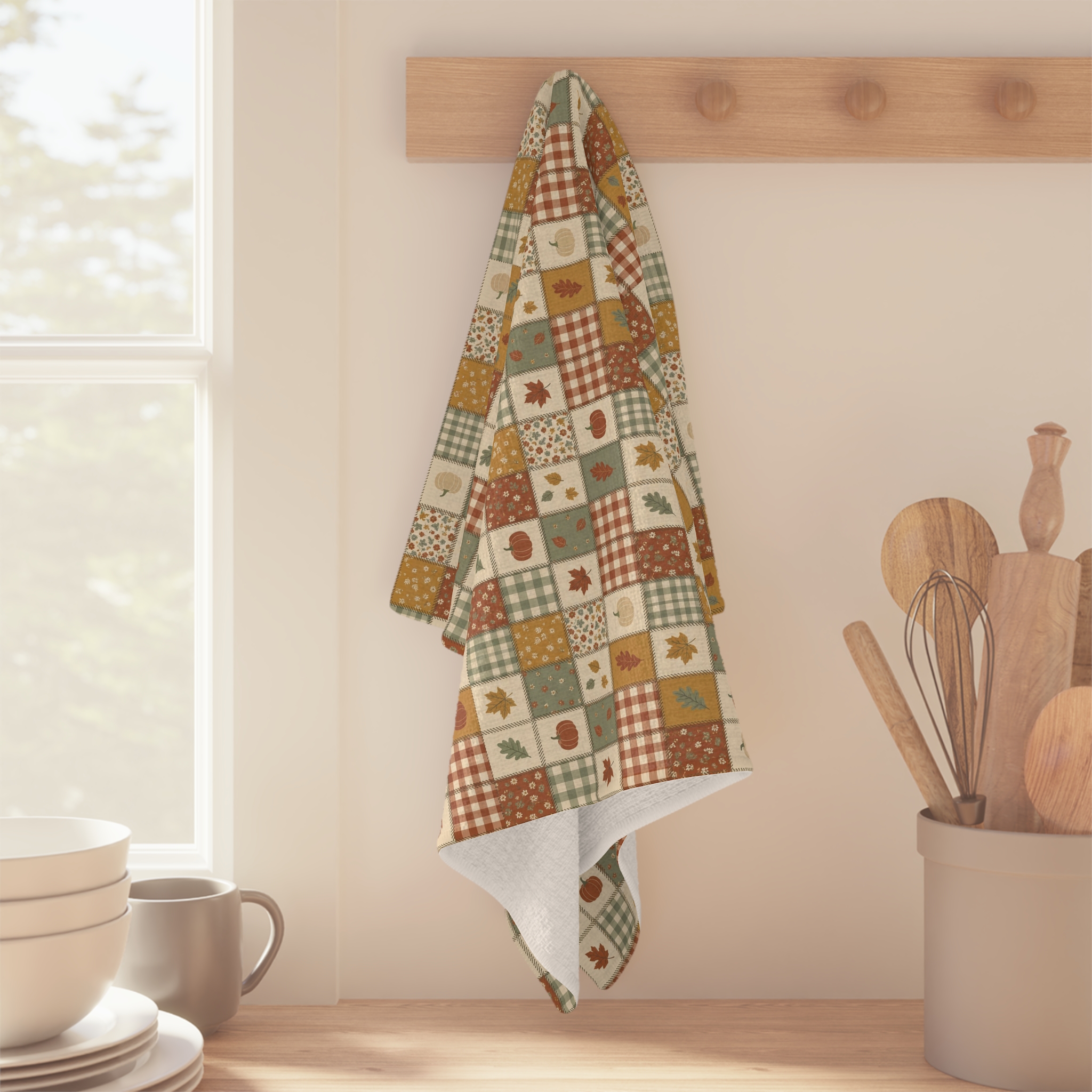 Harvest Patchwork Tea Towel, Mustard and Sage Fall Quilt Look Kitchen Towel, Thanksgiving Hostess Gift - Image 3