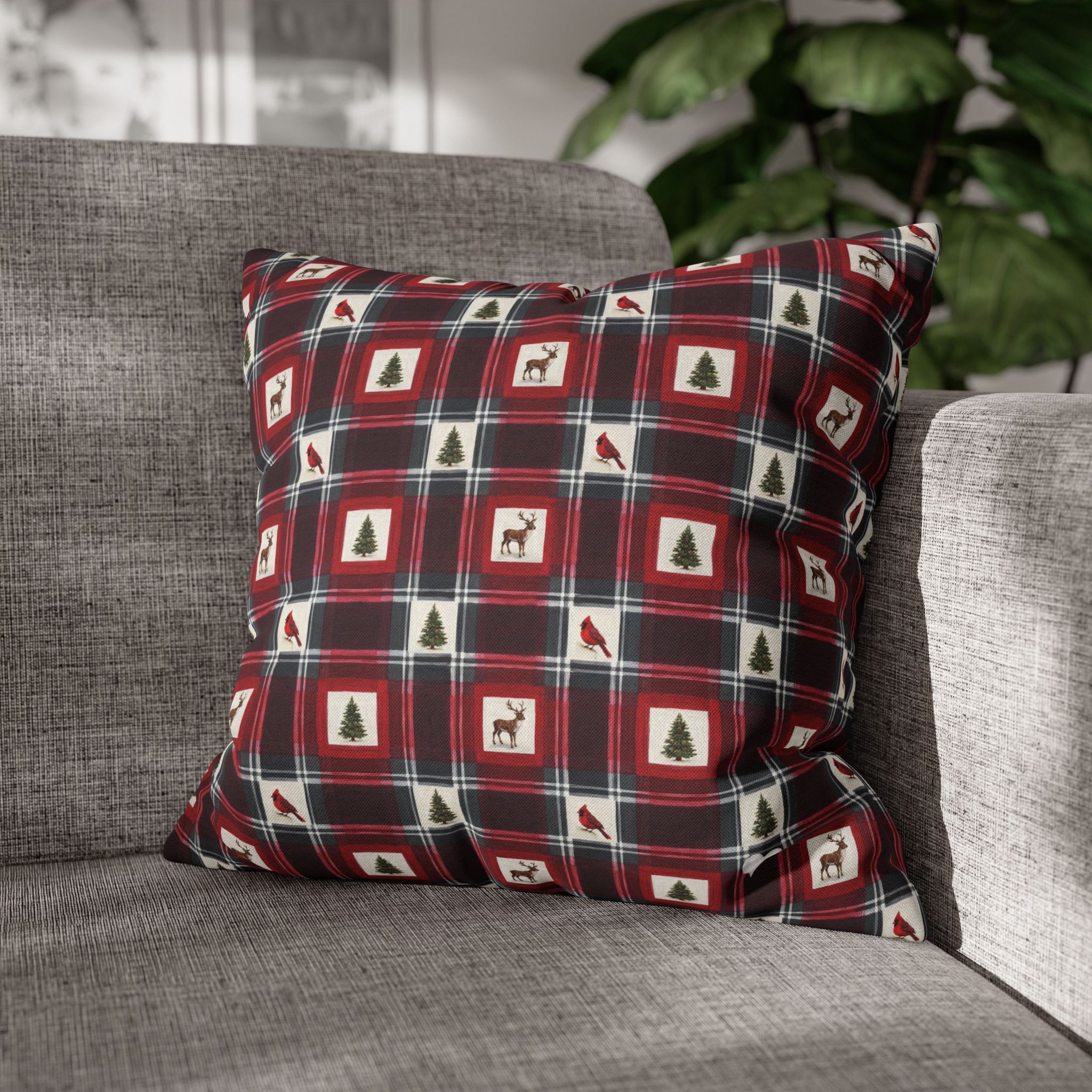 Buffalo Plaid Reindeer Pillow Cover, Red and Black Christmas Lodge Throw Pillow, Cabin Holiday Decor - Image 2