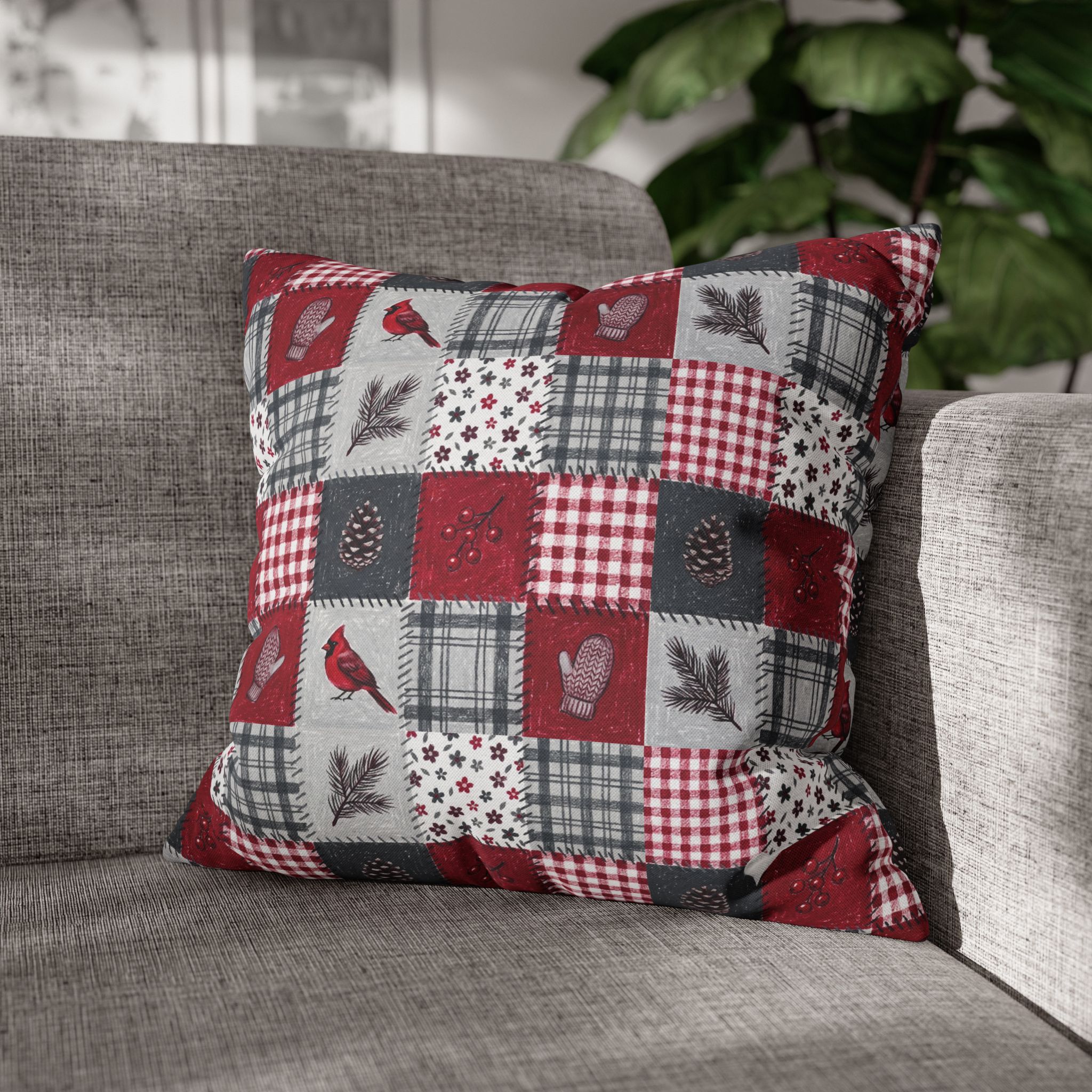 Christmas Patchwork Cardinal Pillow Cover, Quilt Look Cabin Throw Pillow, Holiday Decor - Image 2