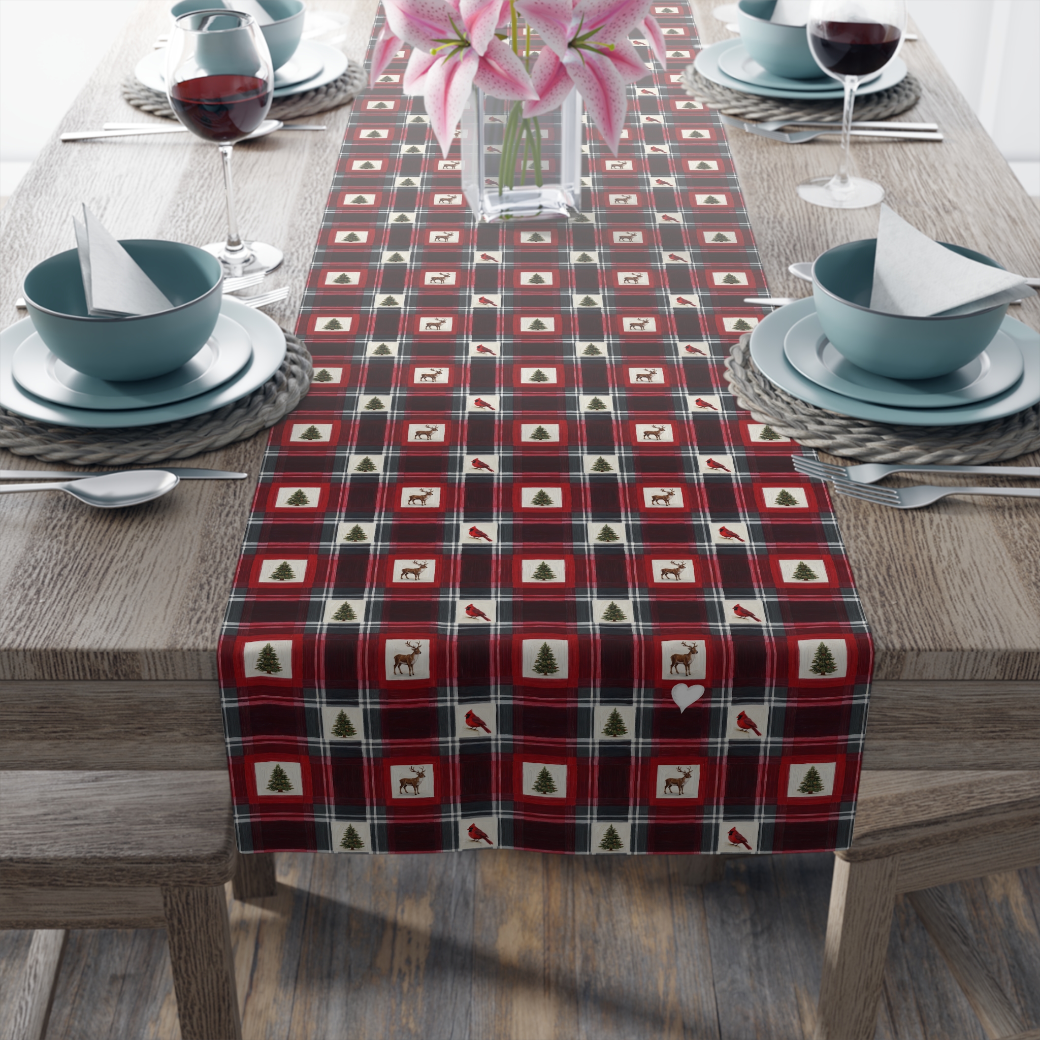 Buffalo Plaid Reindeer Table Runner, Red and Black Christmas Lodge Table Decor, Cabin Holiday Runner - Image 3