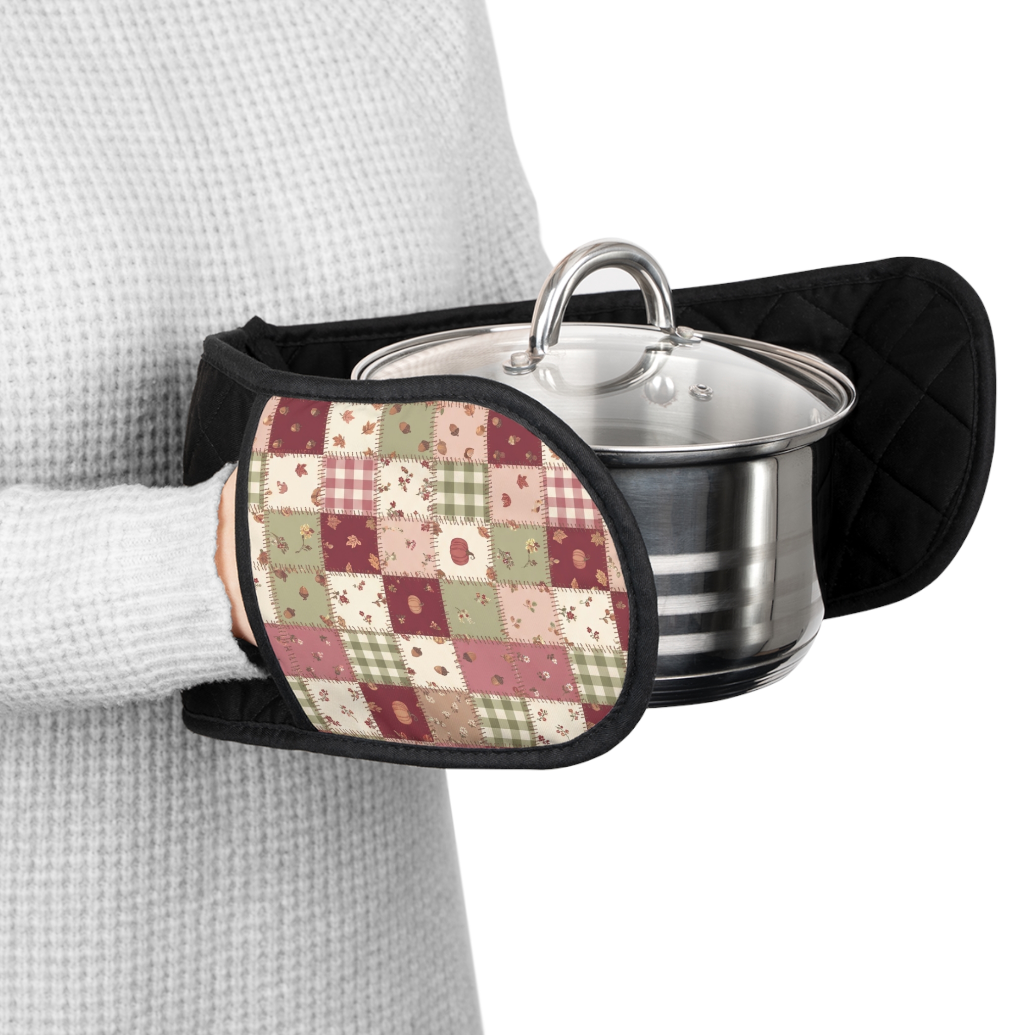 Rose Patchwork Oven Mitt, Fall Quilt Look Double Oven Glove, Farmhouse Thanksgiving Kitchen Gift - Image 4