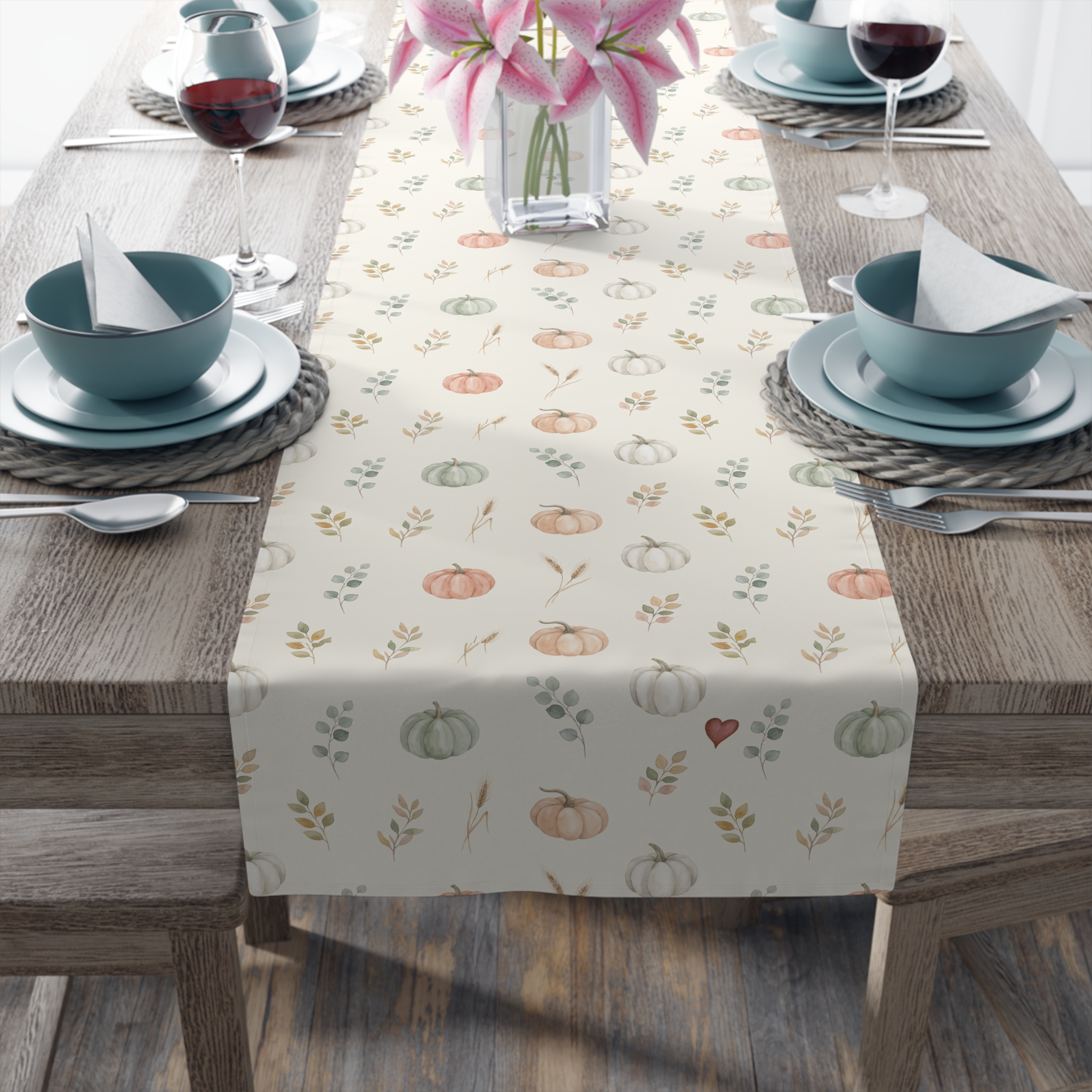 Watercolor Pumpkin Table Runner, Sage and Peach Neutral Thanksgiving Table Decor, Farmhouse Fall Runner - Image 3