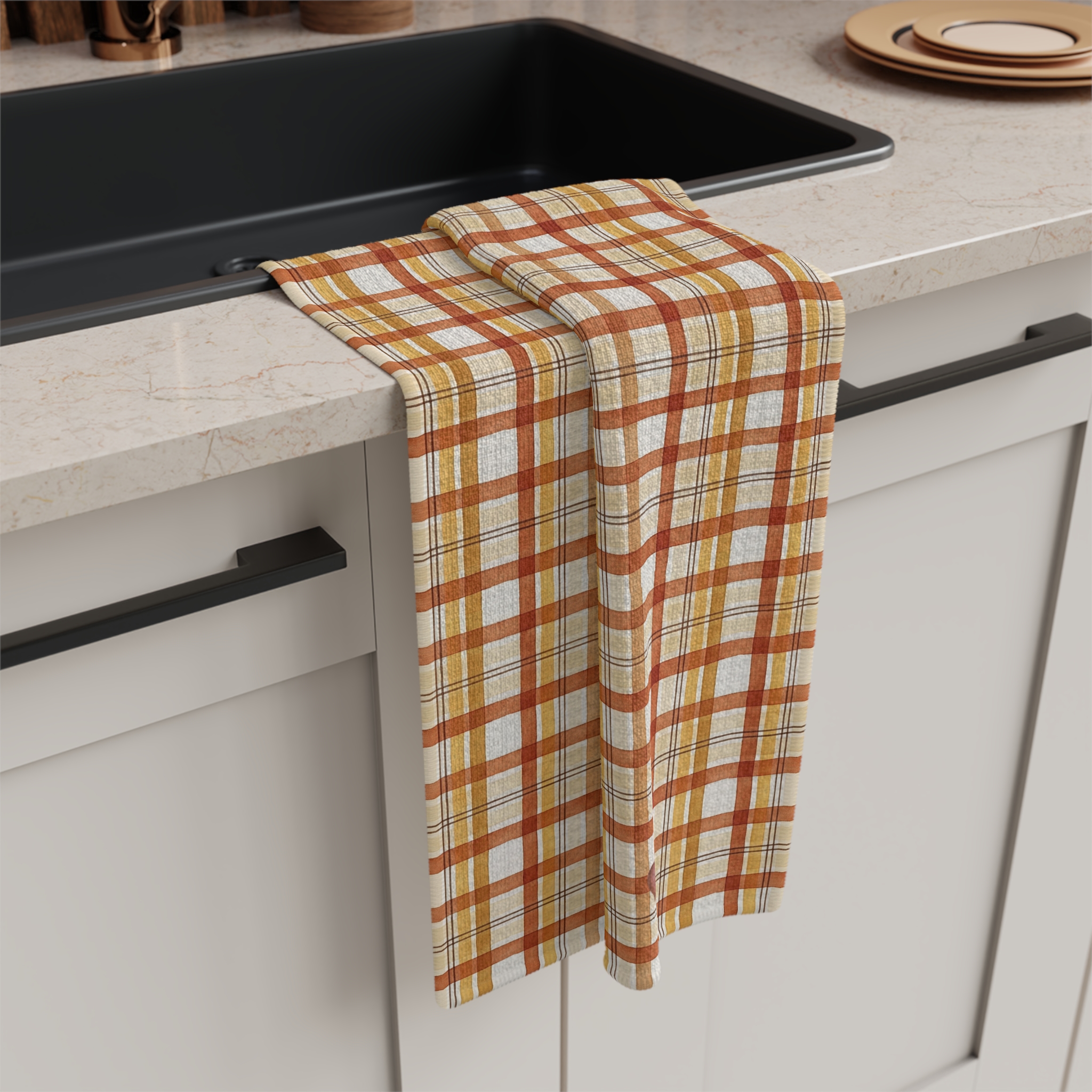 Watercolor Fall Plaid Tea Towel, Rust and Mustard Check Kitchen Towel, Farmhouse Thanksgiving Hostess Gift - Image 3