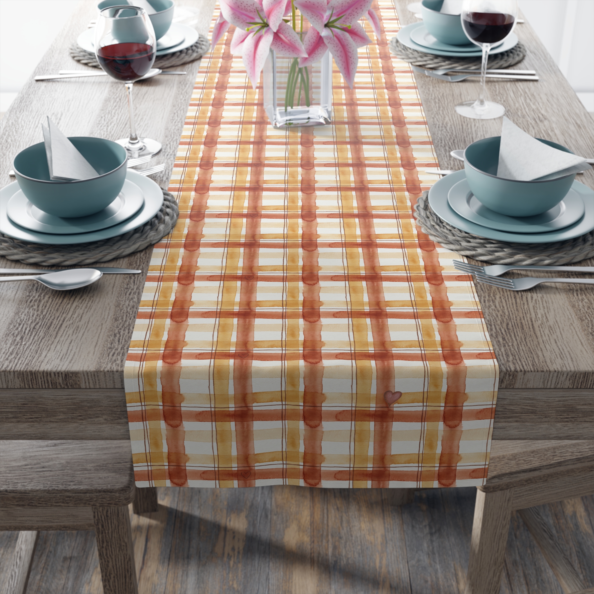 Rust Plaid Table Runner, Watercolor Terracotta Fall Table Decor, Farmhouse Thanksgiving Runner - Image 3