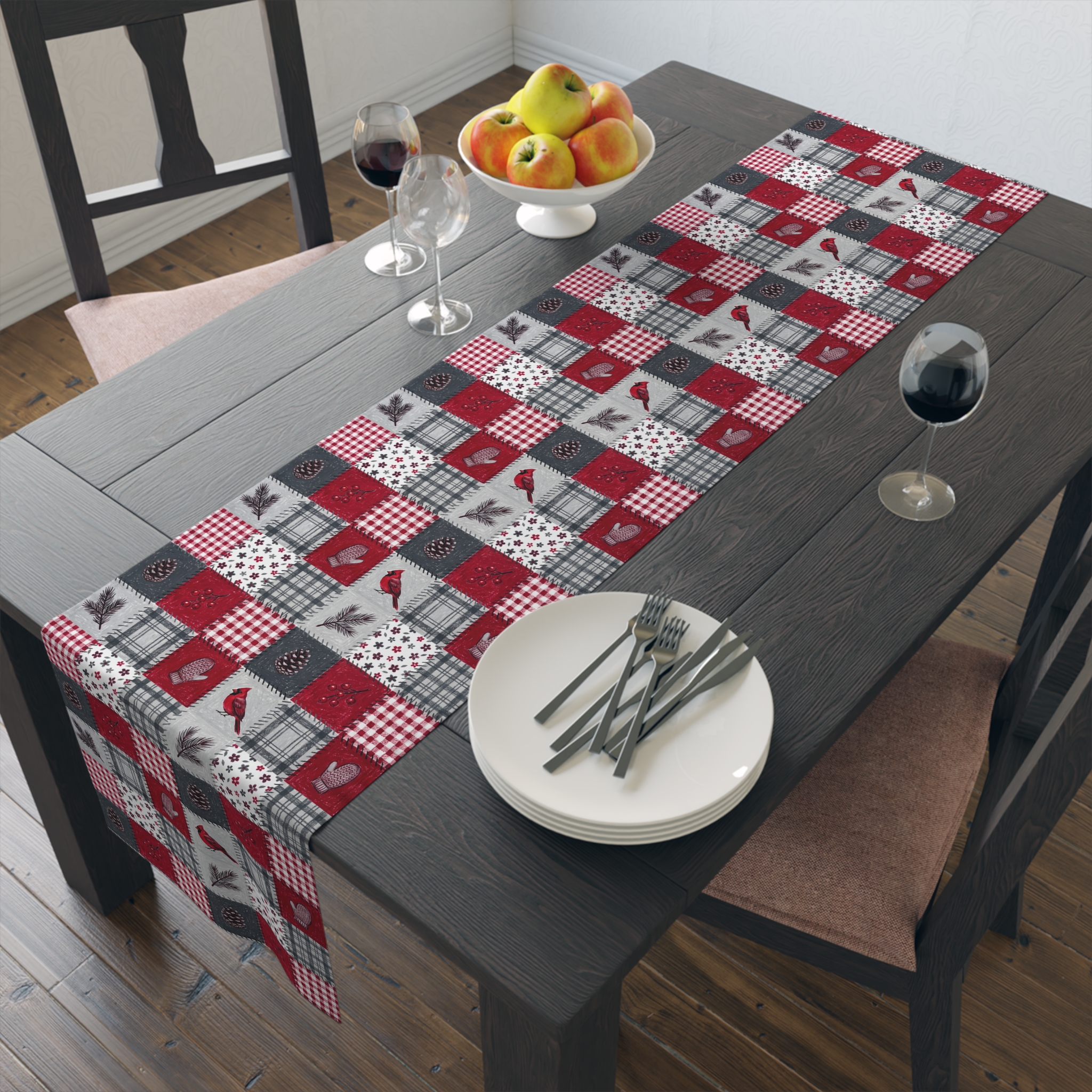 Christmas Patchwork Cardinal Table Runner, Quilt Look Cabin Holiday Table Decor - Image 3