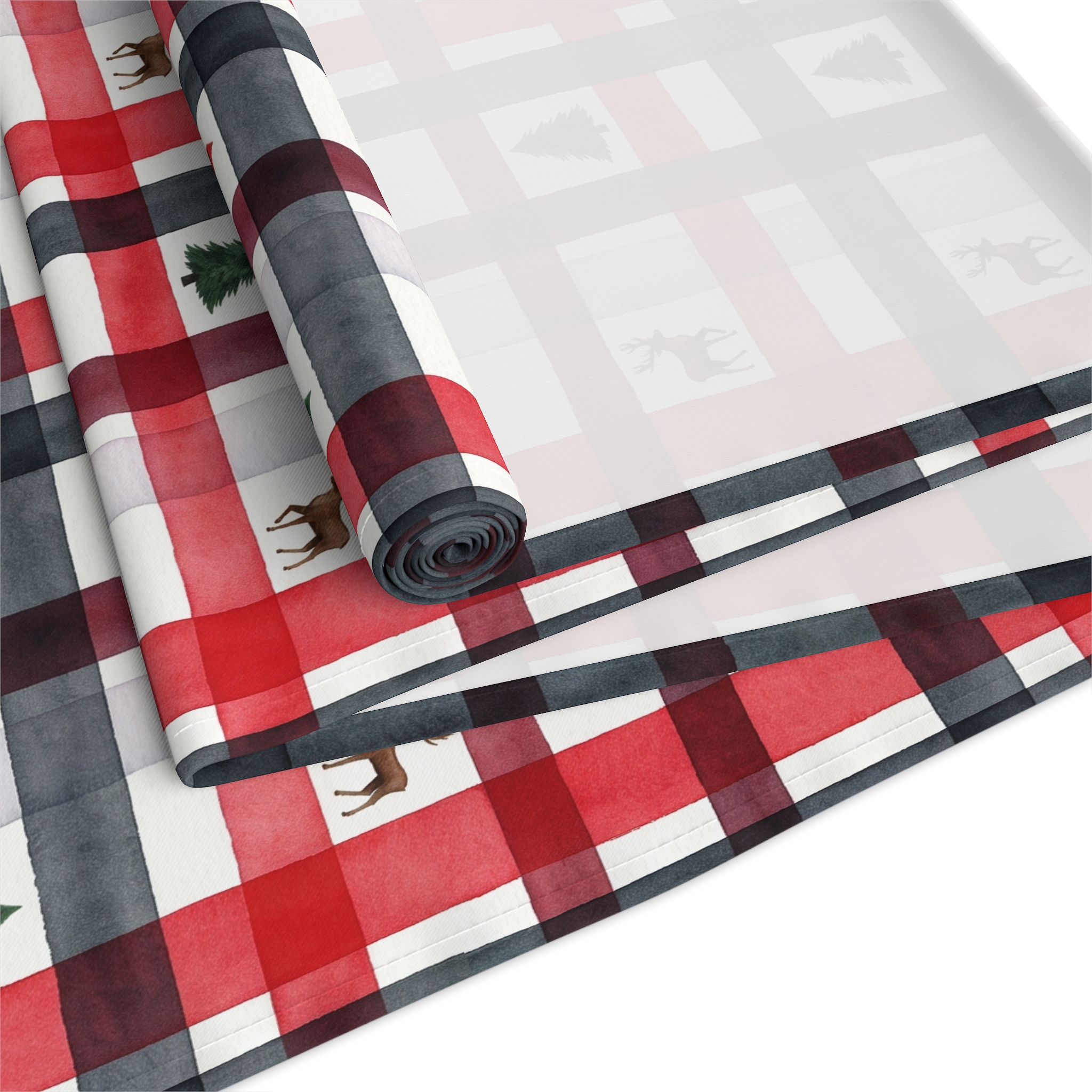 Red and White Christmas Plaid Table Runner, Reindeer Cabin Holiday Table Decor, Watercolor Plaid Runner - Image 4