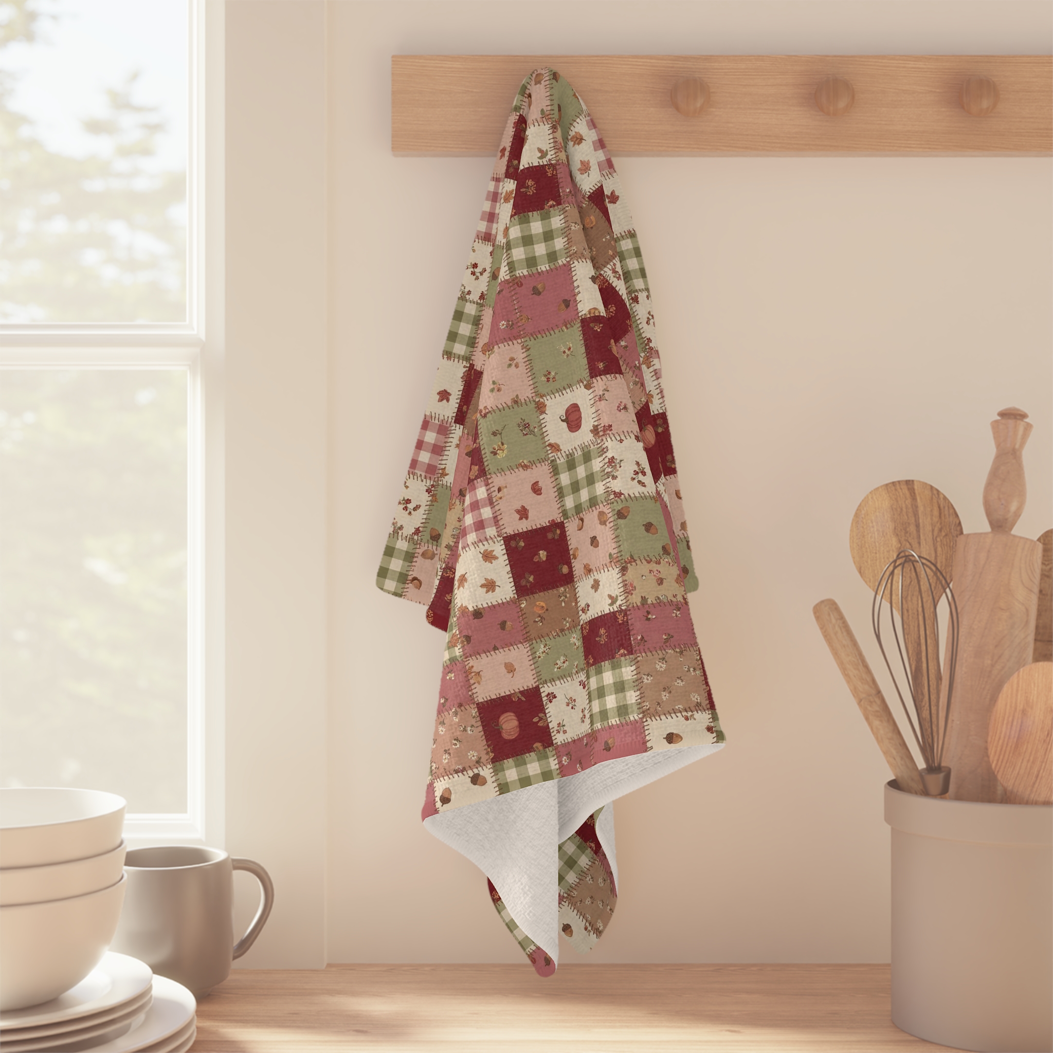 Rose Patchwork Tea Towel, Fall Quilt Look Kitchen Towel, Farmhouse Thanksgiving Hostess Gift - Image 3