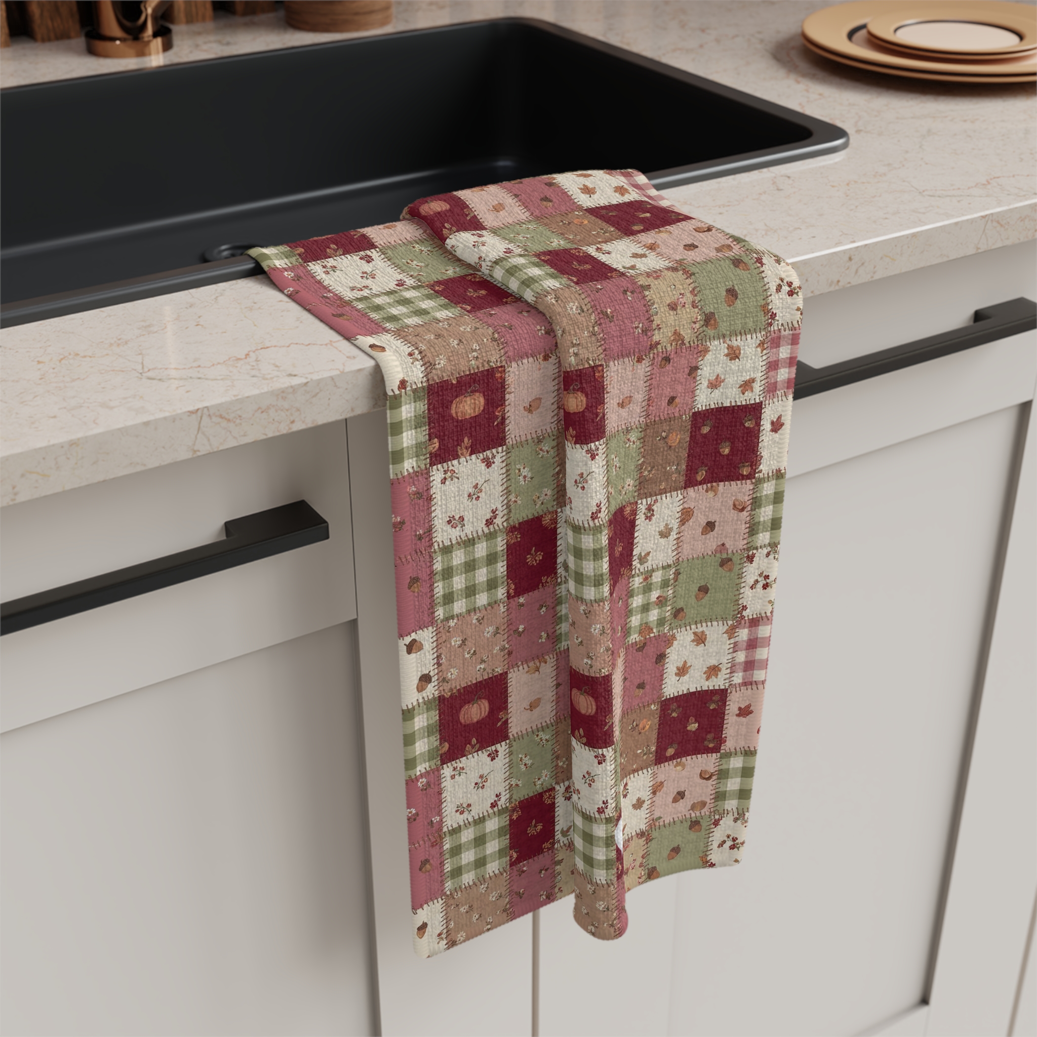 Rose Patchwork Tea Towel, Fall Quilt Look Kitchen Towel, Farmhouse Thanksgiving Hostess Gift - Image 2