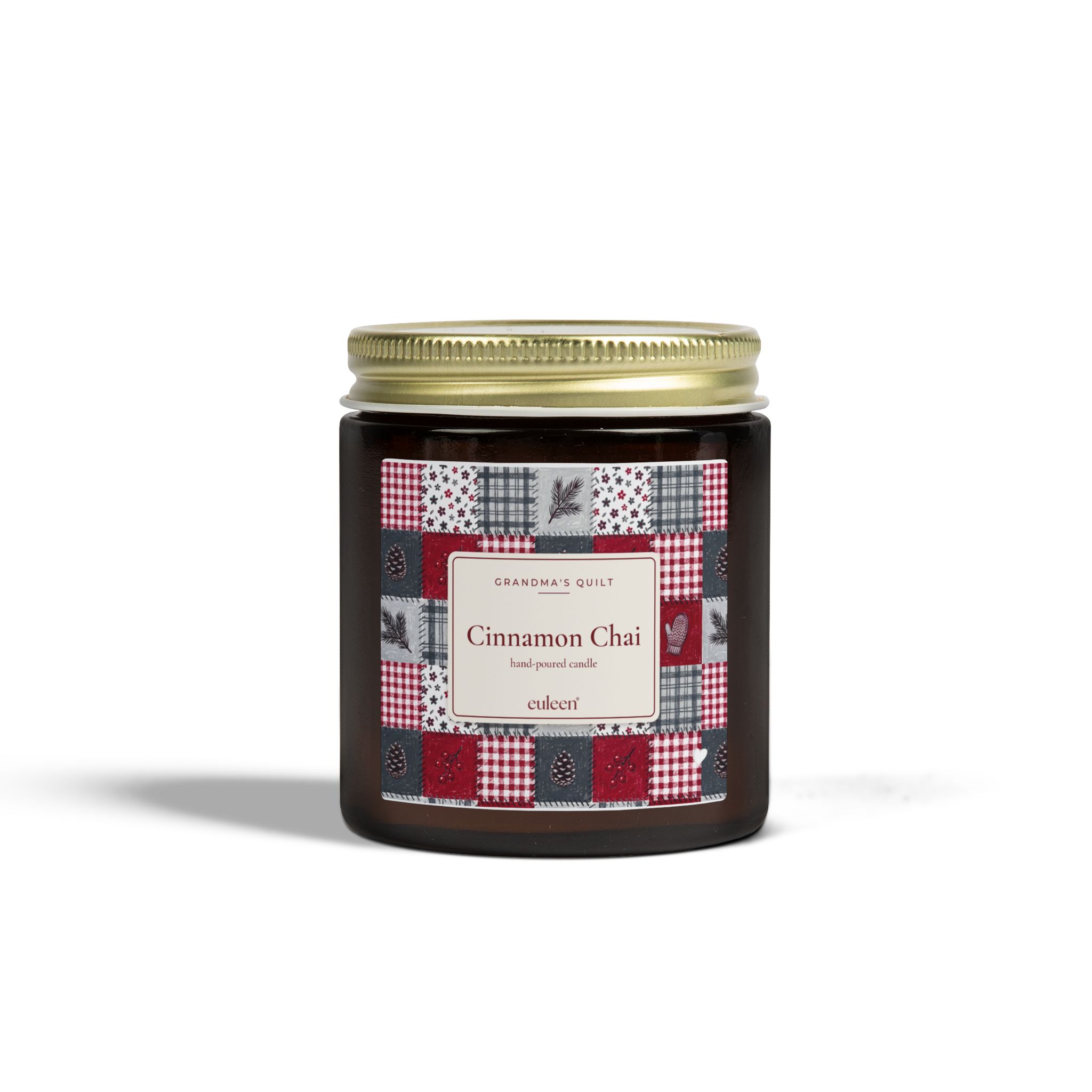 Grandma's Quilt Cinnamon Chai Candle, Patchwork Christmas Decor, Amber or Clear Glass Jar - Image 11