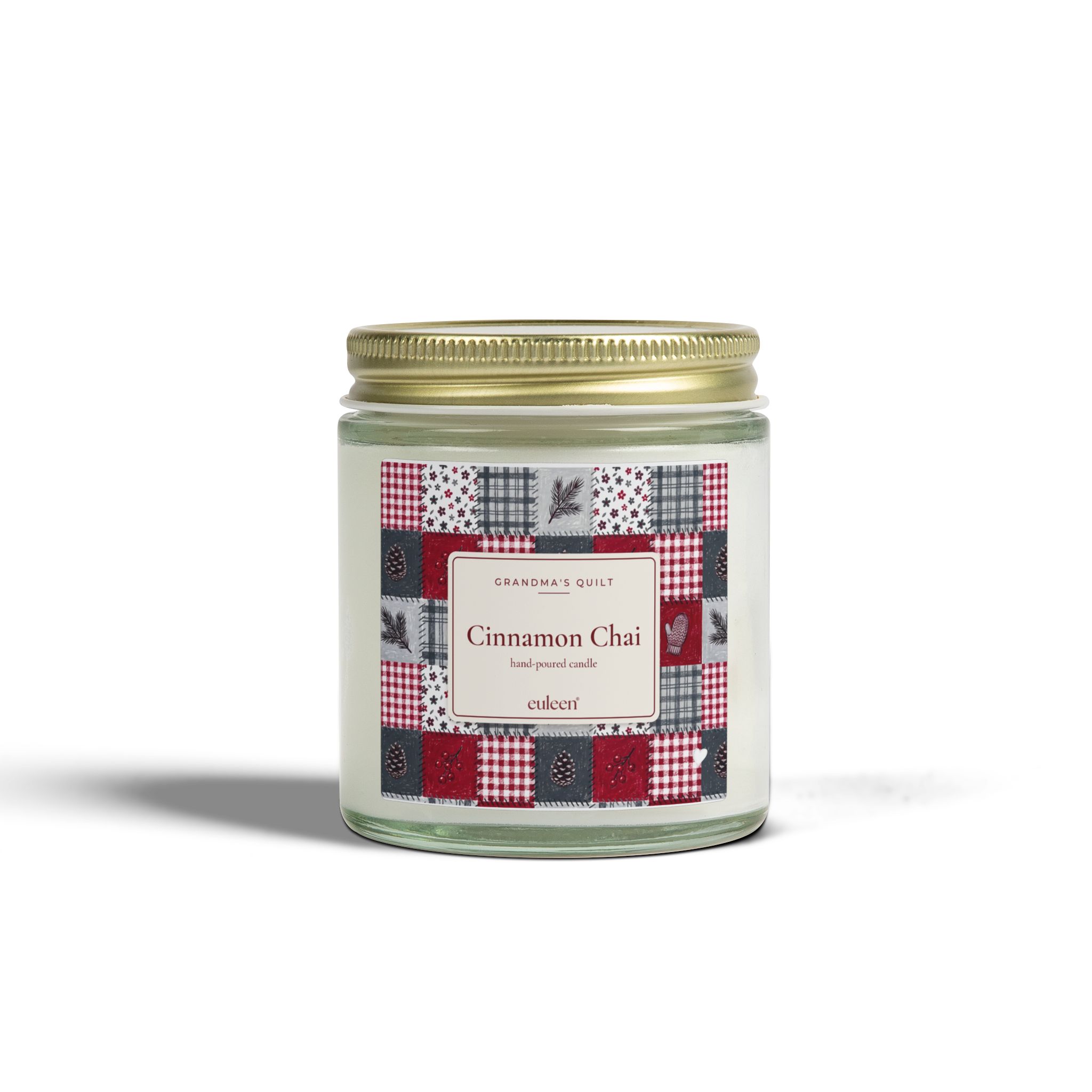 Grandma's Quilt Cinnamon Chai Candle, Patchwork Christmas Decor, Amber or Clear Glass Jar - Image 5