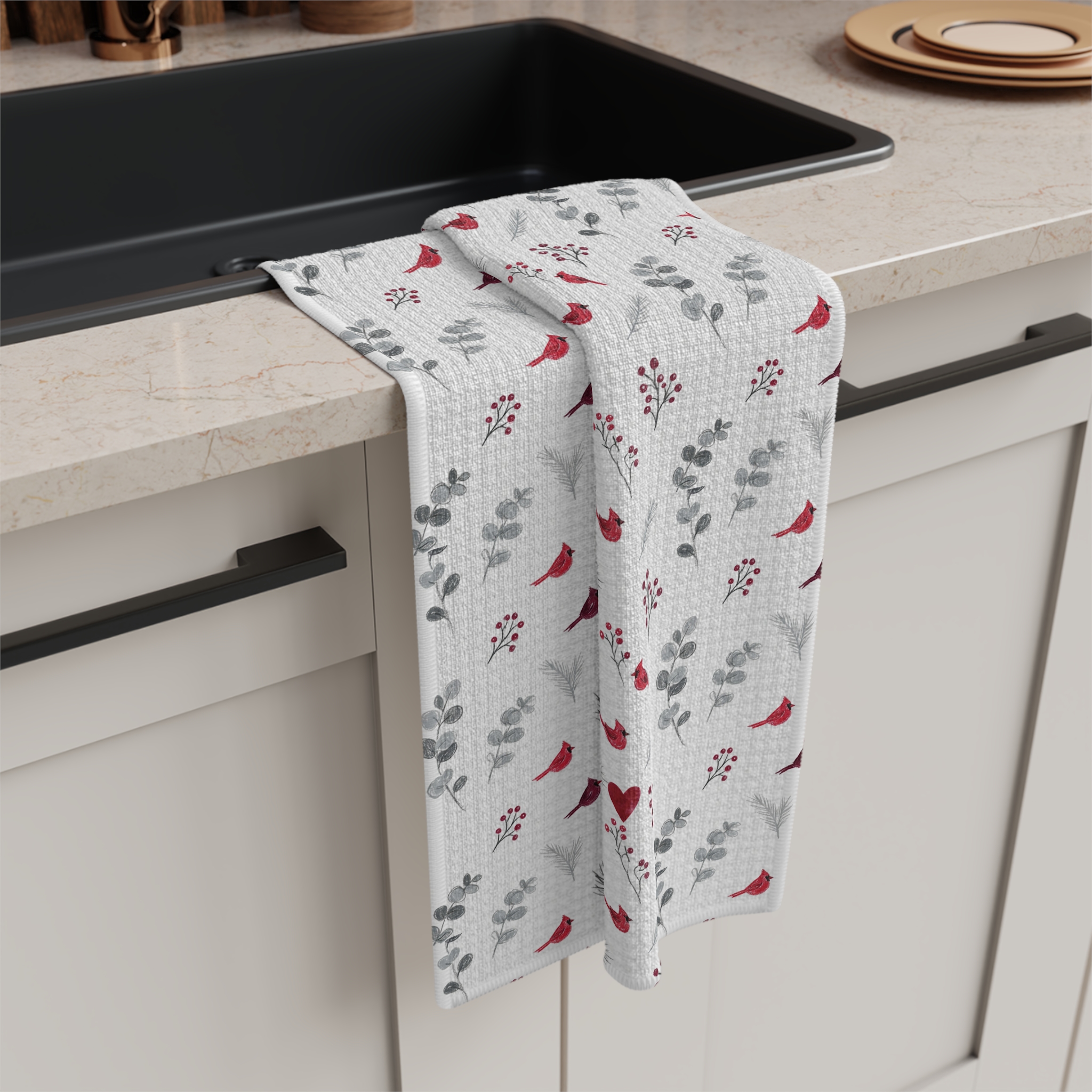 Cardinal Christmas Tea Towel, Watercolor Red Bird Kitchen Towel, Holiday Hostess Gift - Image 3