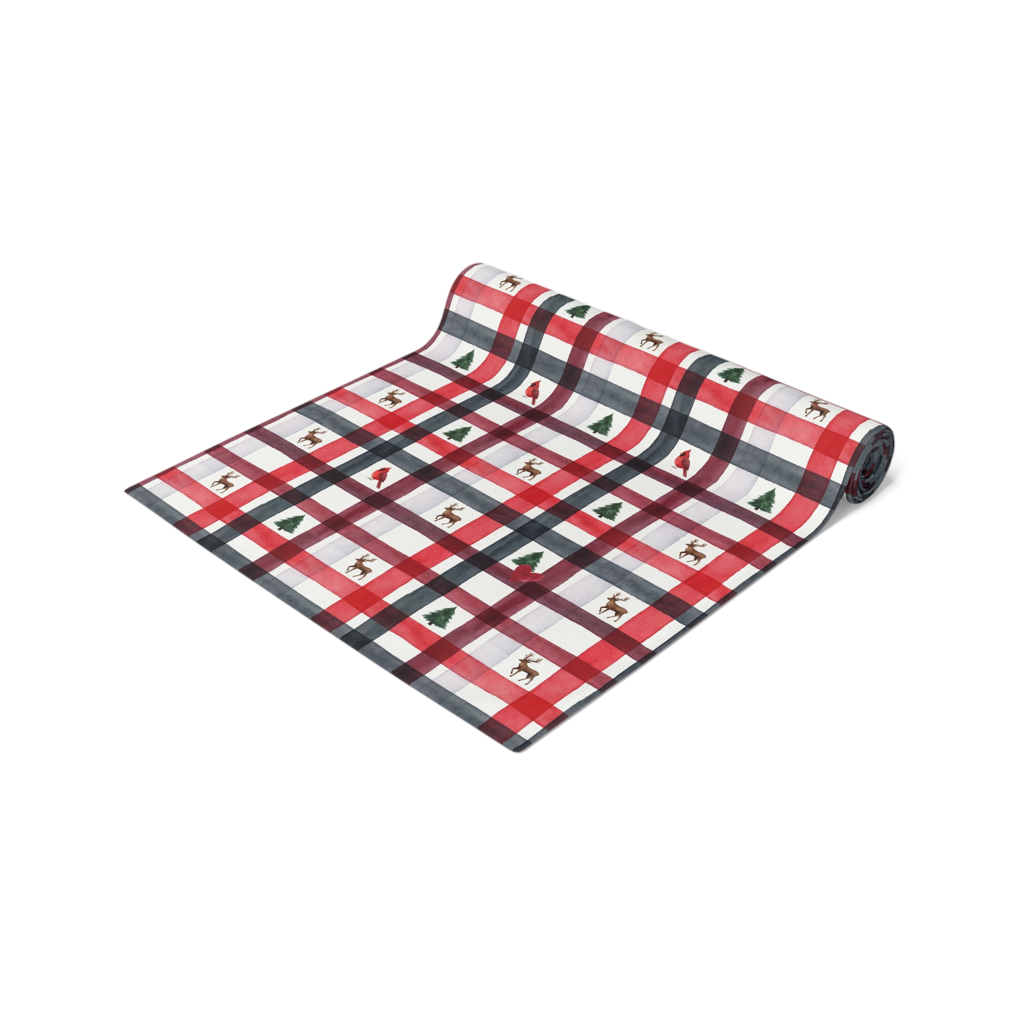 Red and White Christmas Plaid Table Runner, Reindeer Cabin Holiday Table Decor, Watercolor Plaid Runner - Image 5