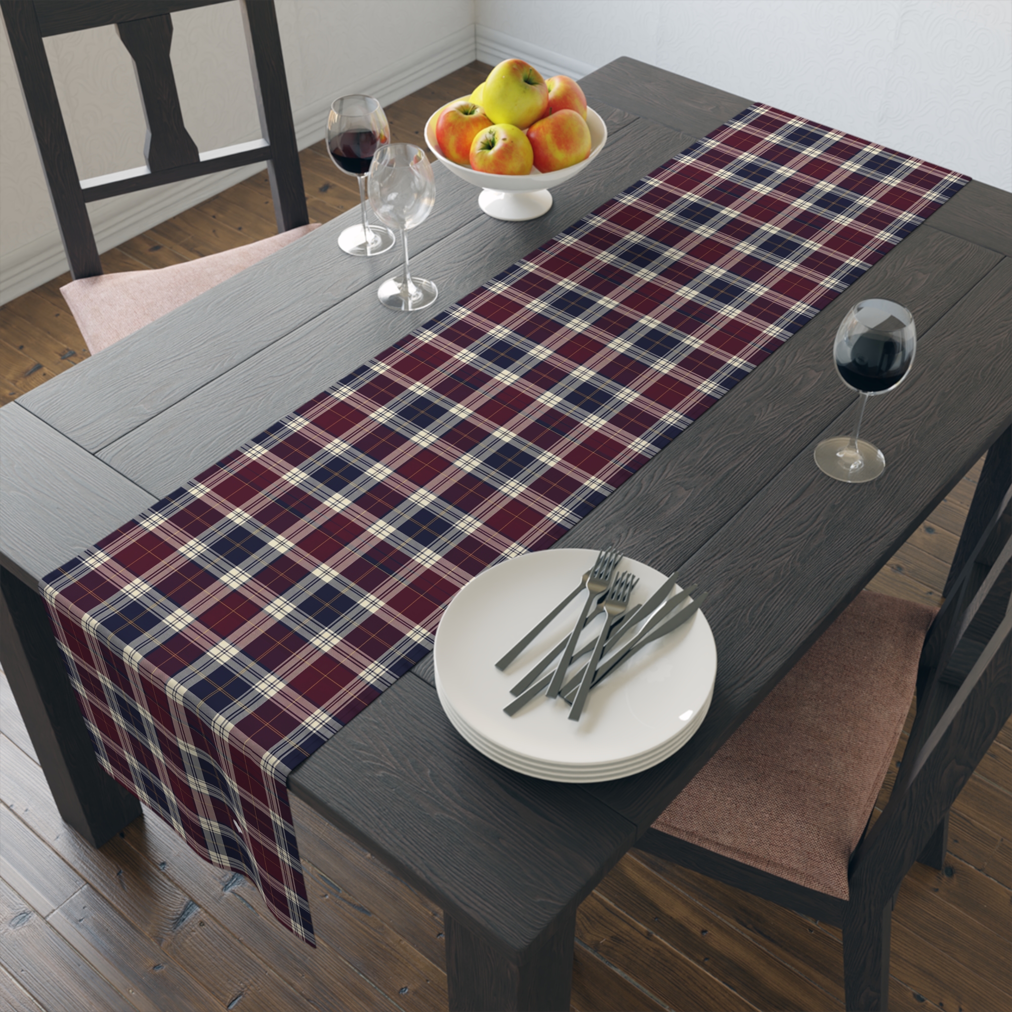 Burgundy and Navy Tartan Table Runner, Classic Plaid Holiday Table Decor, Christmas Dining - Image 2