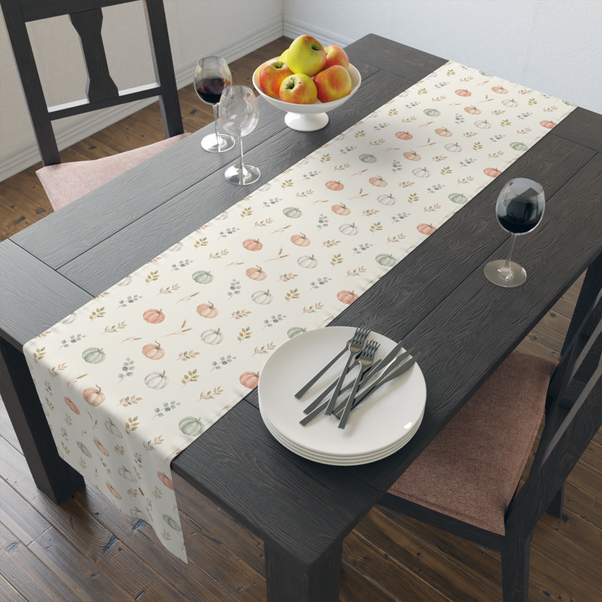 Watercolor Pumpkin Table Runner, Sage and Peach Neutral Thanksgiving Table Decor, Farmhouse Fall Runner - Image 2