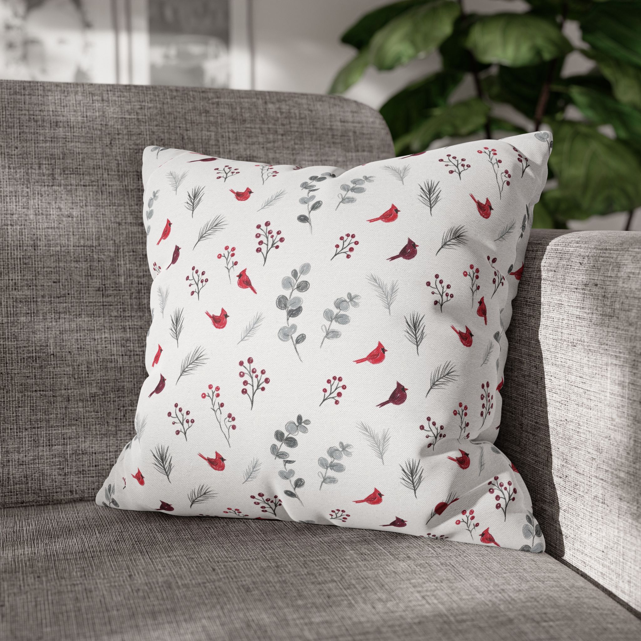 Cardinal Pillow Cover, Red Bird Christmas Throw Pillow, Botanical Winter Decor - Image 2