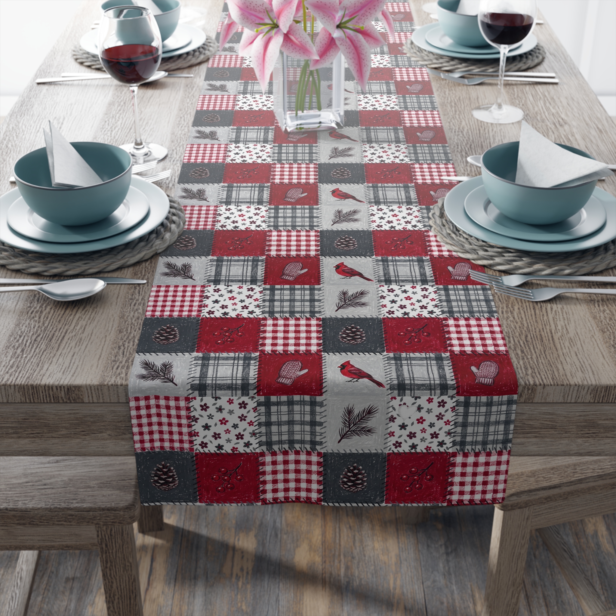 Christmas Patchwork Cardinal Table Runner, Quilt Look Cabin Holiday Table Decor - Image 4