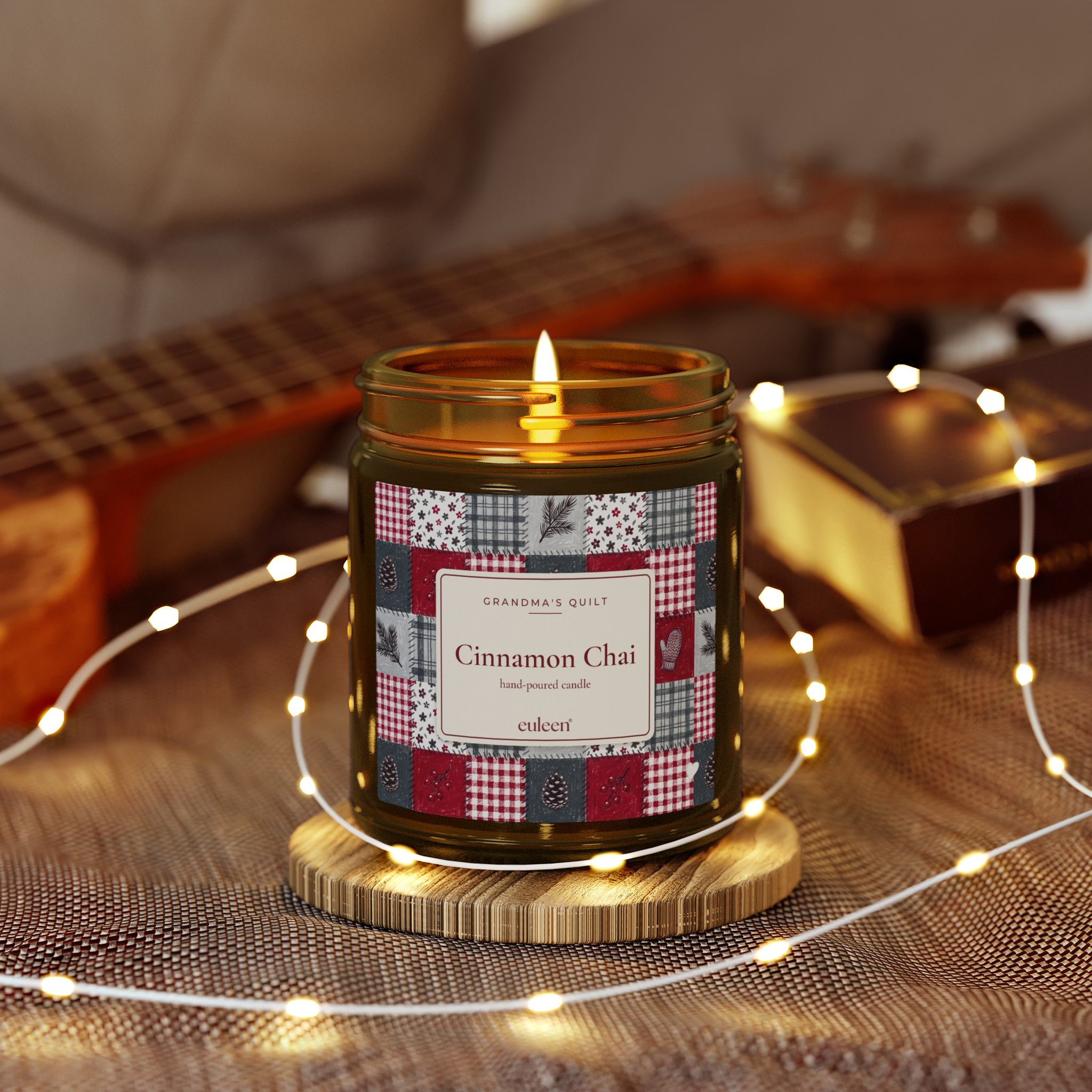Grandma's Quilt Cinnamon Chai Candle, Patchwork Christmas Decor, Amber or Clear Glass Jar - Image 16