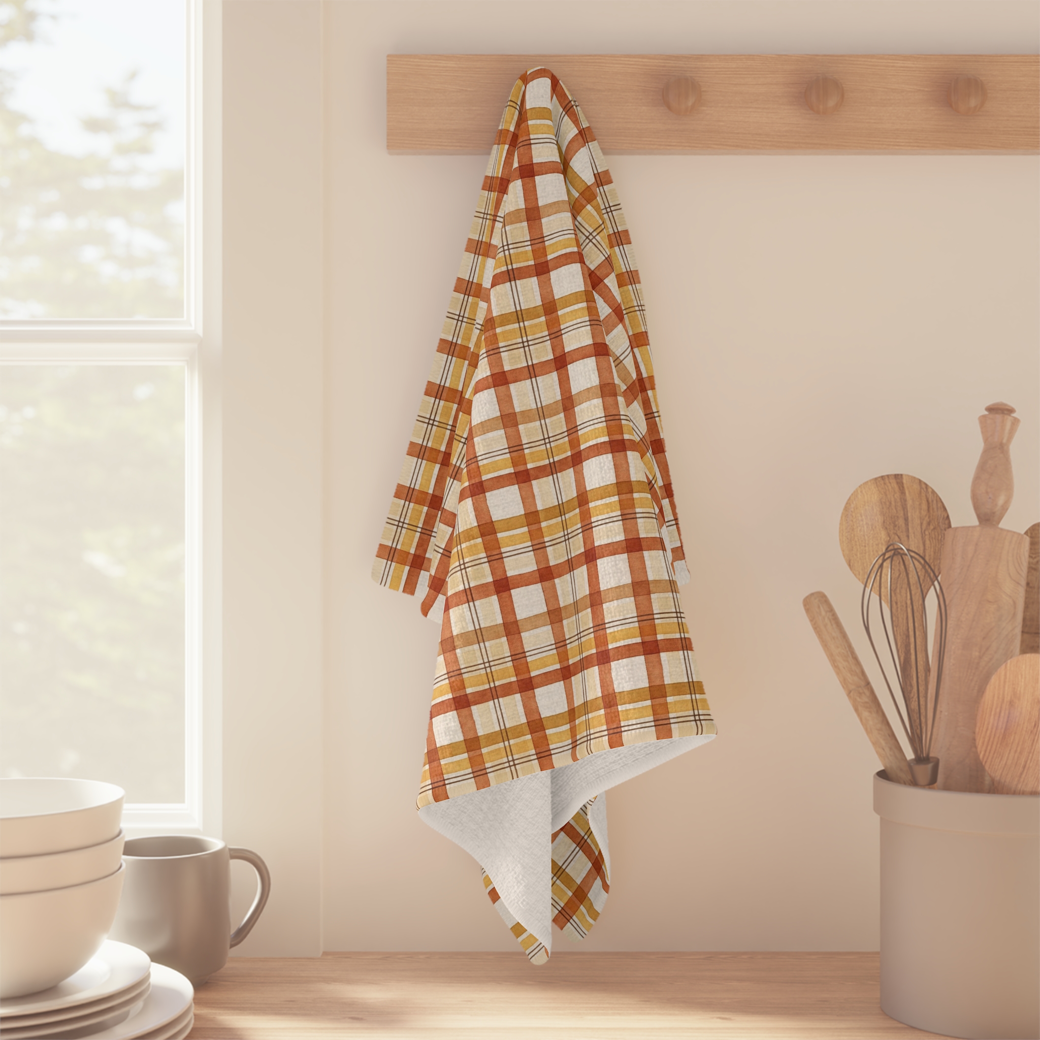 Watercolor Fall Plaid Tea Towel, Rust and Mustard Check Kitchen Towel, Farmhouse Thanksgiving Hostess Gift - Image 4