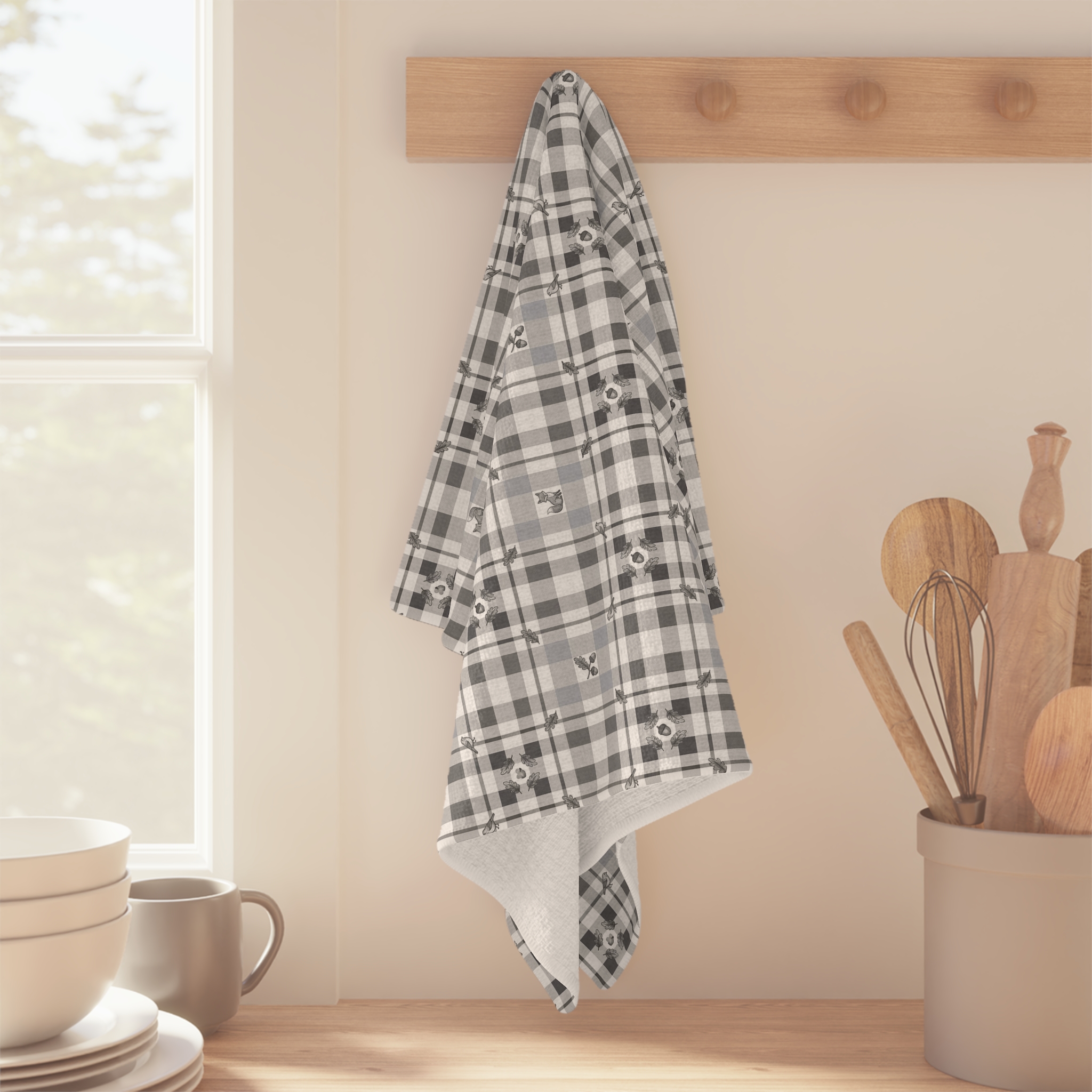 Woodland Grey Plaid Tea Towel, Neutral Winter Kitchen Towel, Cabin Farmhouse Hostess Gift - Image 4