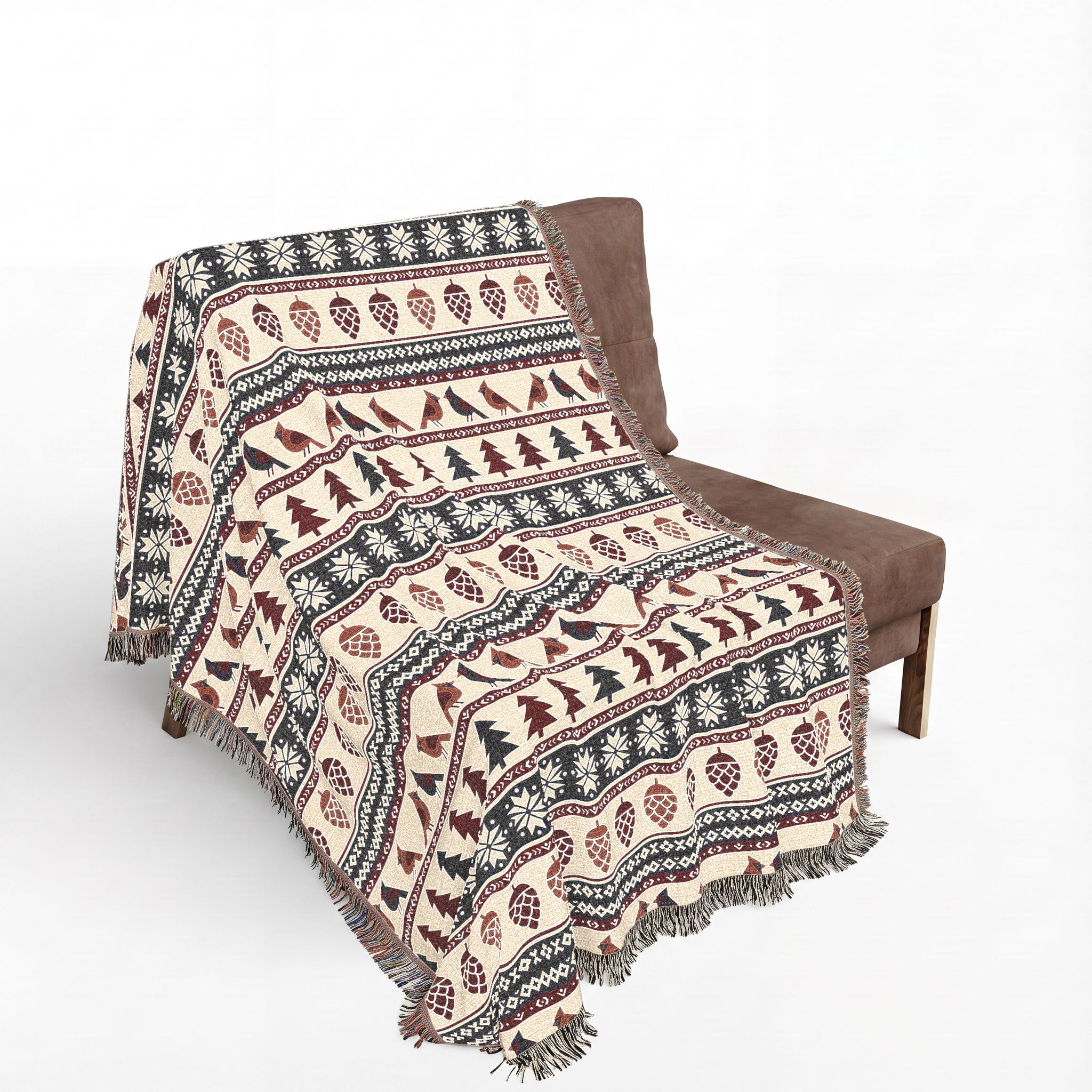 Nordic Cardinal Woven Blanket, Scandinavian Folk Christmas Throw, Cotton Jacquard Winter Blanket - Image 6