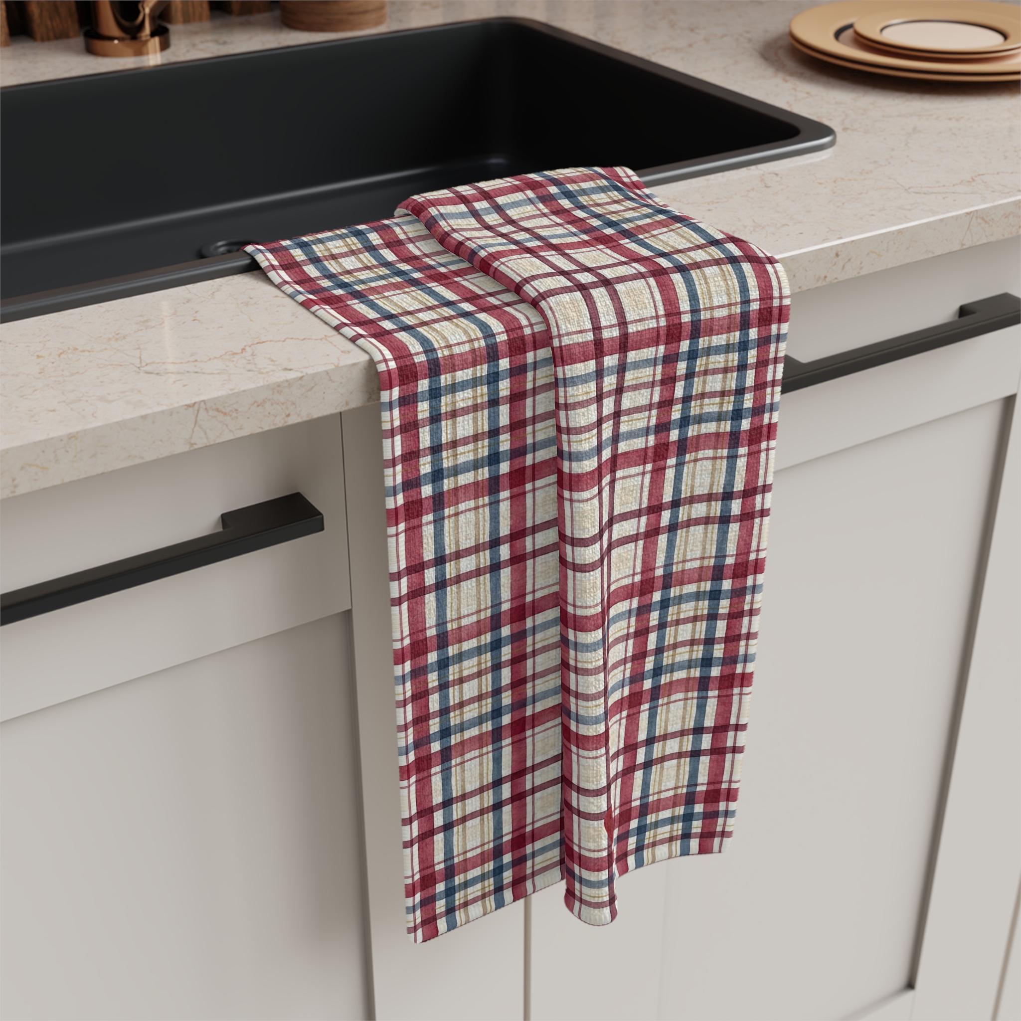 Cranberry and Navy Plaid Tea Towel, Watercolor Check Kitchen Towel, Farmhouse Holiday Decor, Hostess Gift - Image 3