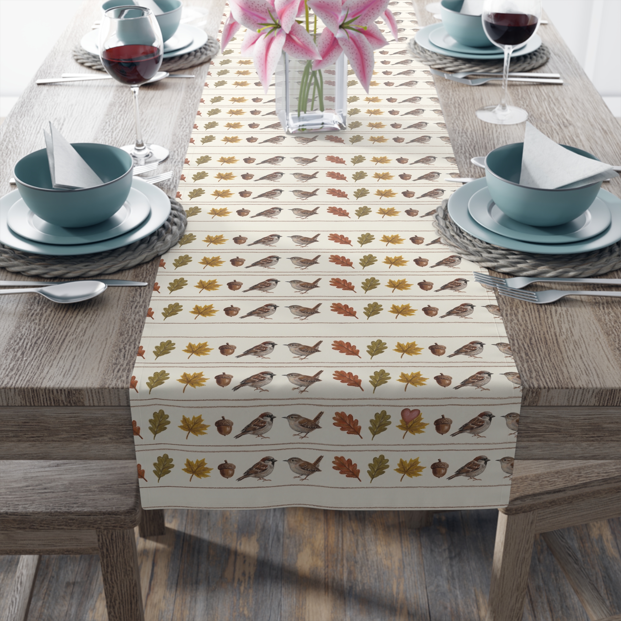 Fall Sparrow Table Runner, Hand-Drawn Bird Thanksgiving Table Decor, Autumn Dining Runner - Image 2