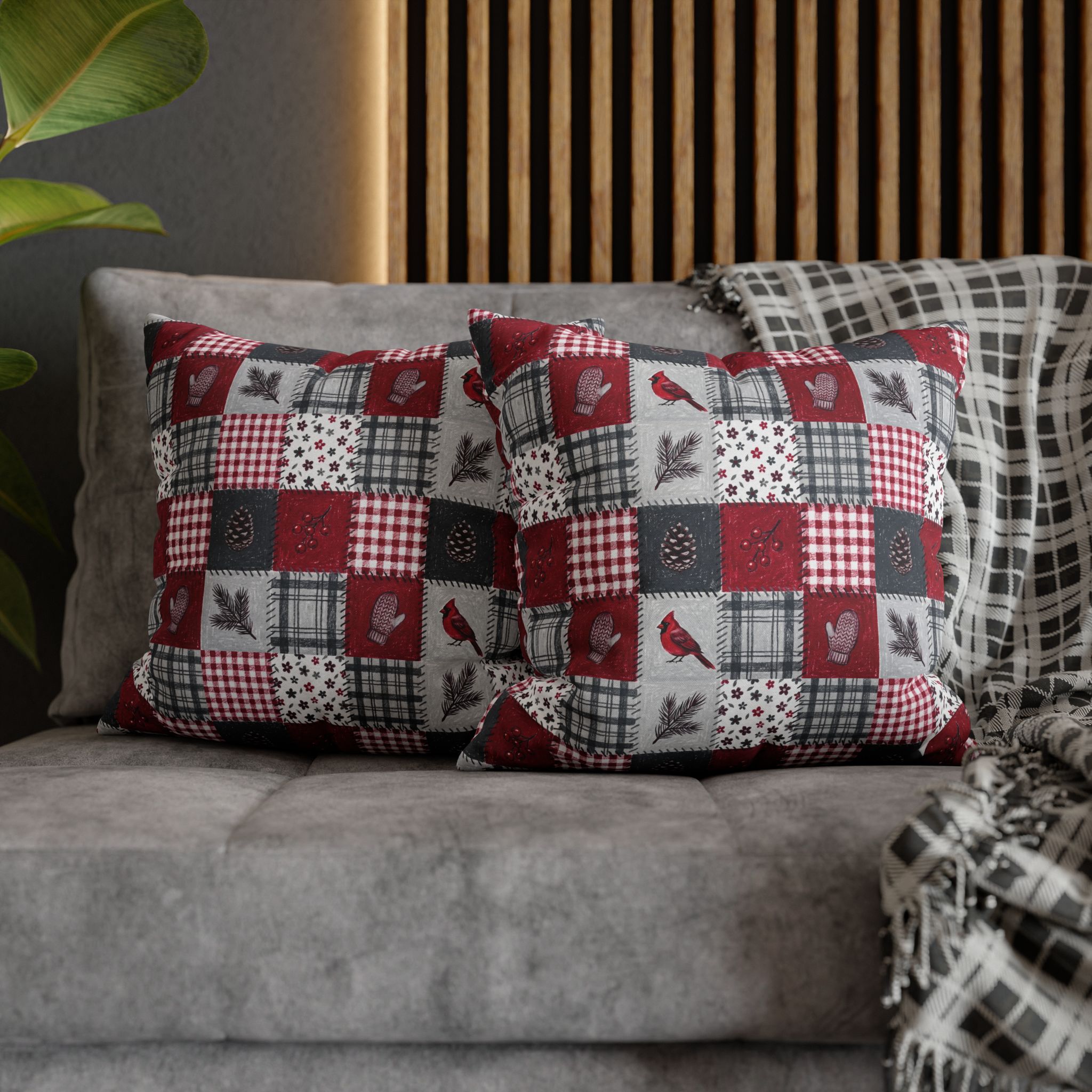 Christmas Patchwork Cardinal Pillow Cover, Quilt Look Cabin Throw Pillow, Holiday Decor - Image 3