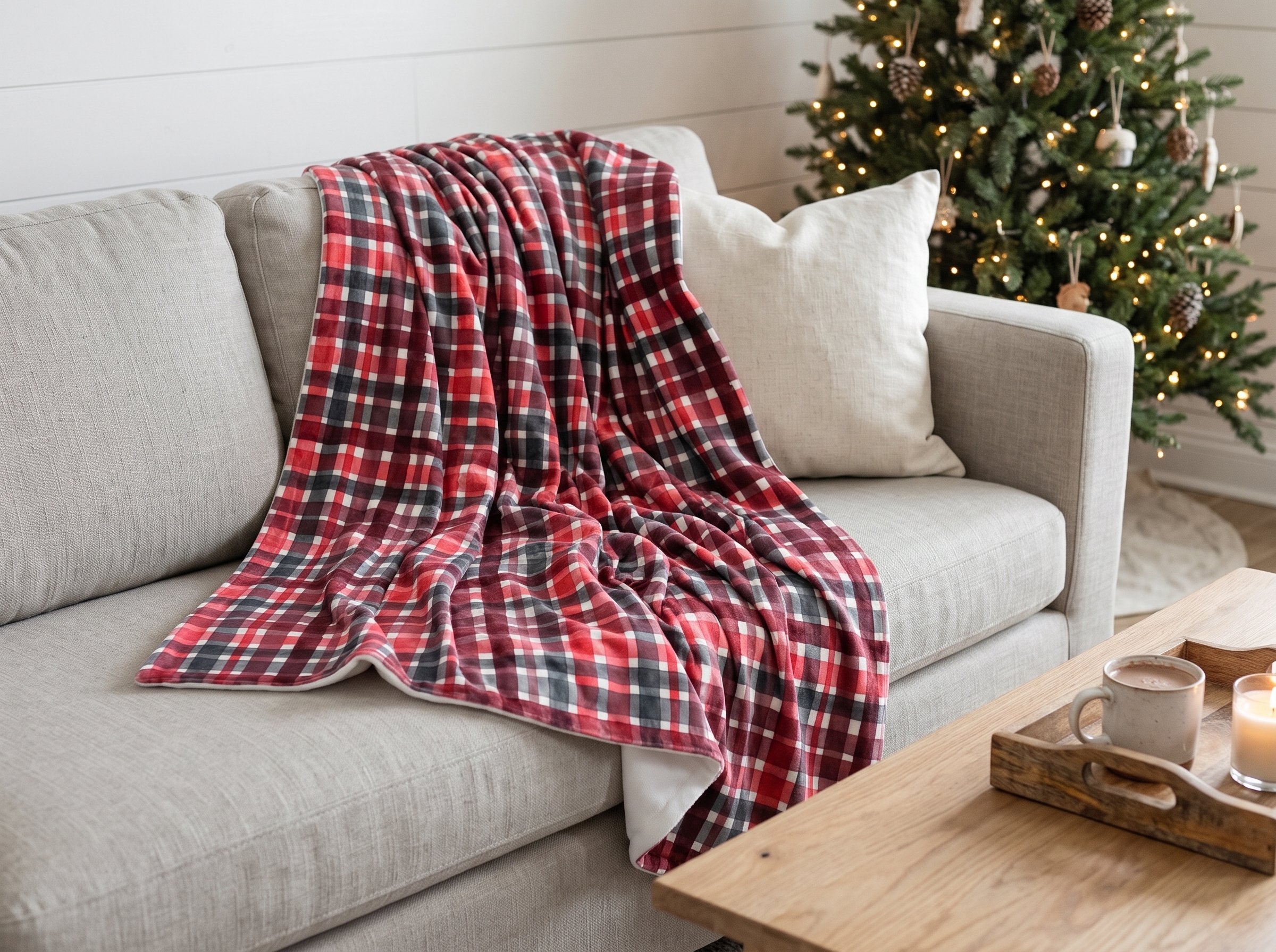 Red and Black Plaid Velveteen Plush Blanket, Watercolor Buffalo Check Christmas Throw, Cozy Cabin Blanket