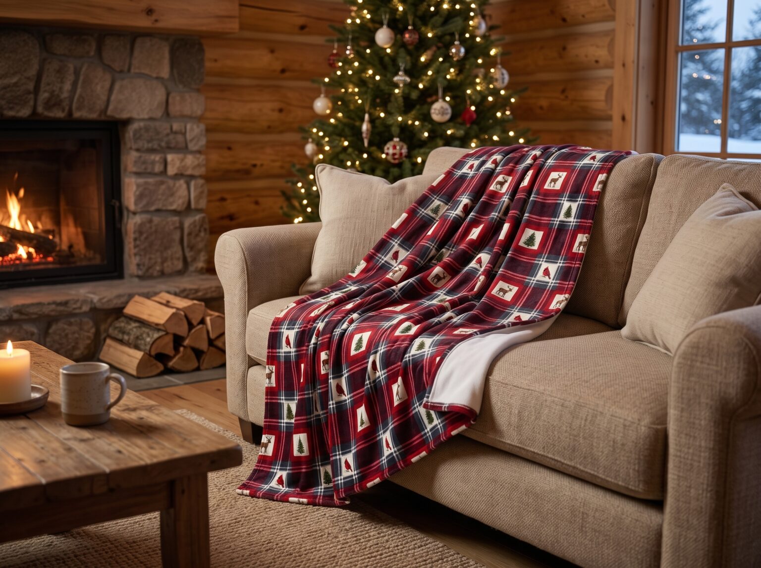 Buffalo Plaid Reindeer Velveteen Plush Blanket, Red and Black Christmas Lodge Throw, Cozy Cabin Holiday Blanket