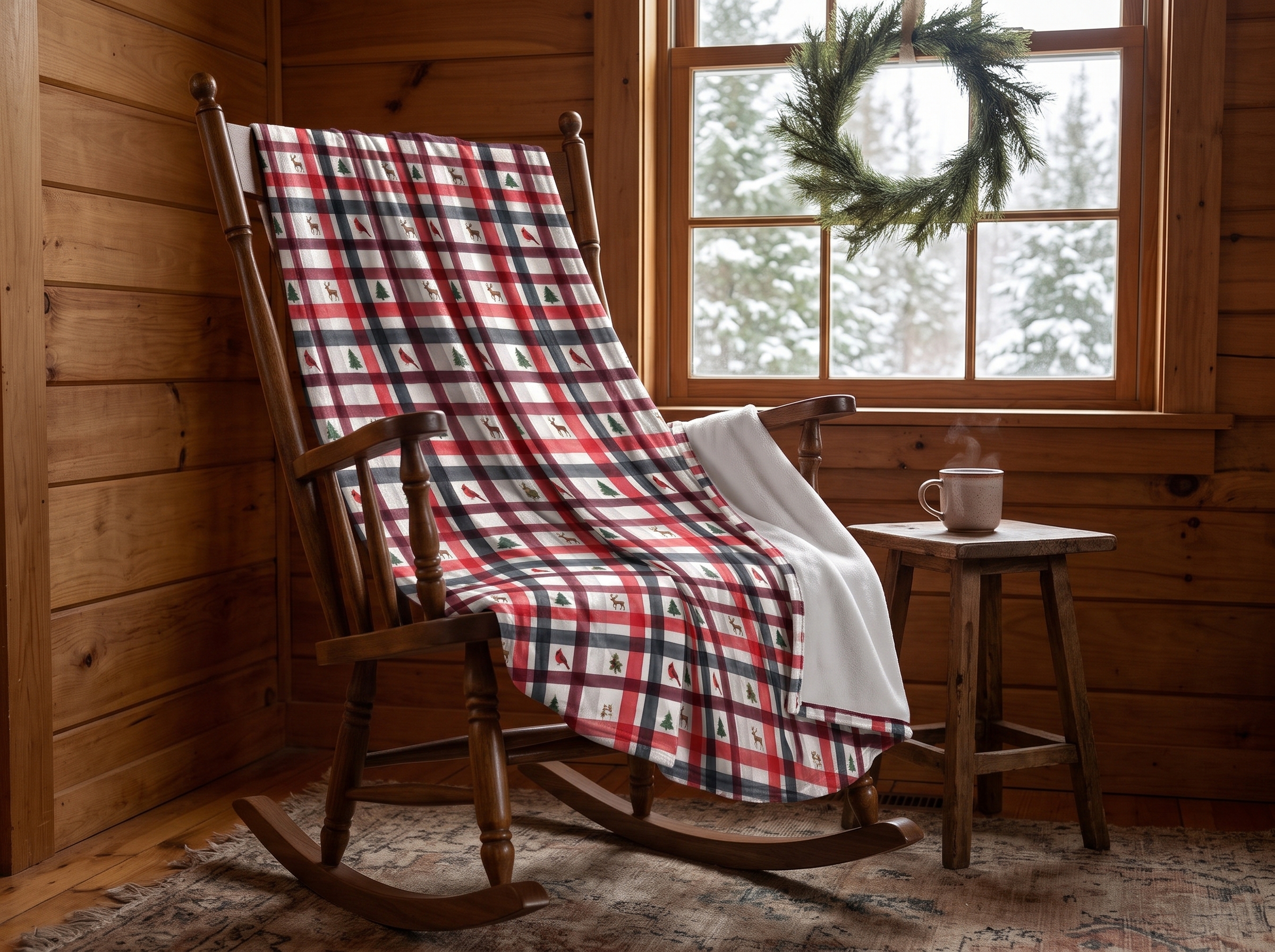 Red and White Christmas Plaid Velveteen Plush Blanket, Reindeer Cabin Throw, Cozy Holiday Blanket