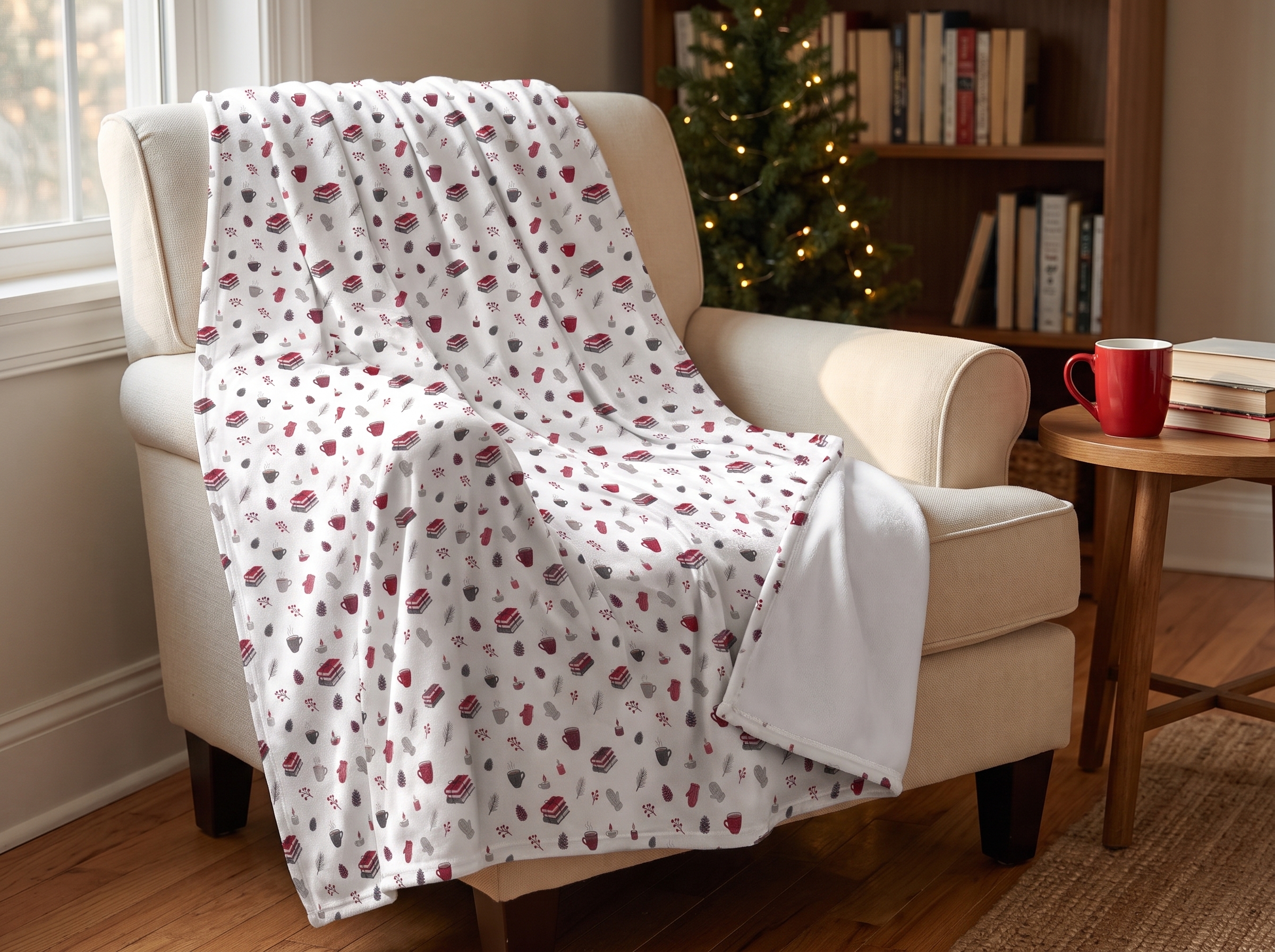 Cozy Winter Velveteen Plush Blanket, Red and White Hygge Christmas Throw, Soft Holiday Blanket
