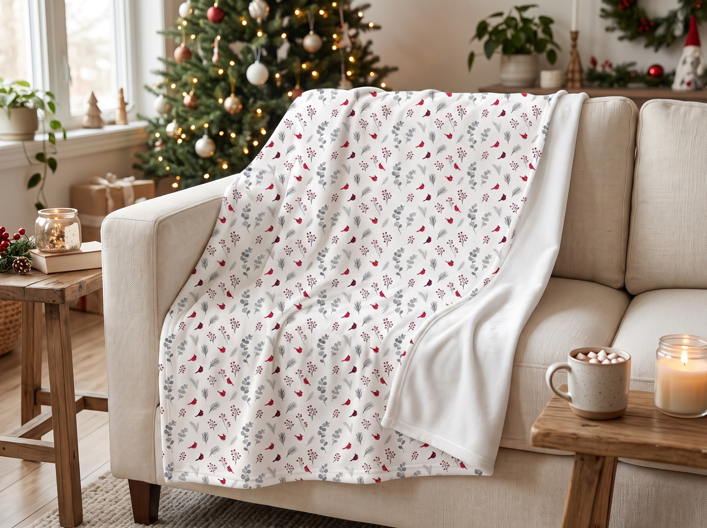 Cardinal Velveteen Plush Blanket, Red Bird Christmas Throw, Botanical Winter Blanket