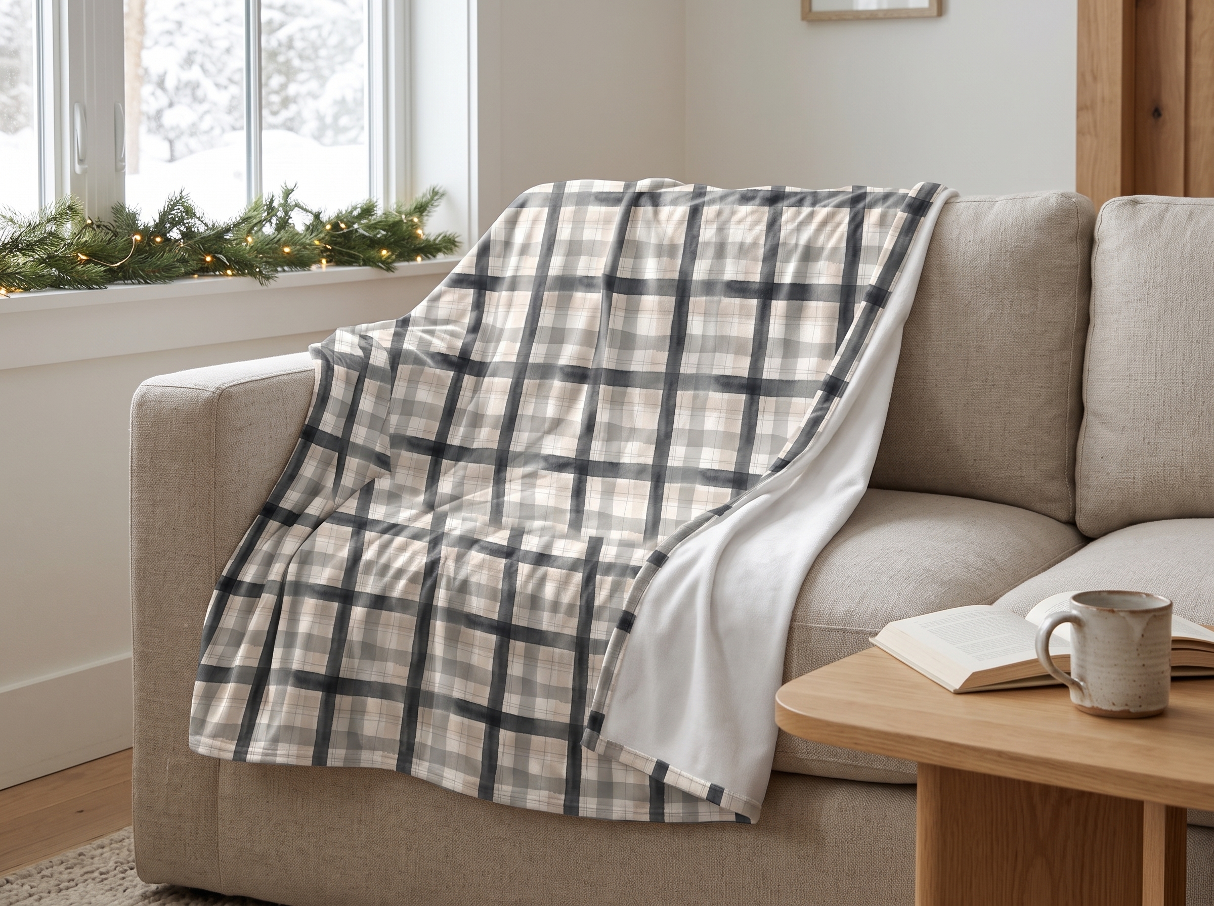 Charcoal Gray Plaid Velveteen Plush Blanket, Watercolor Tartan Throw, Cozy Neutral Winter Blanket