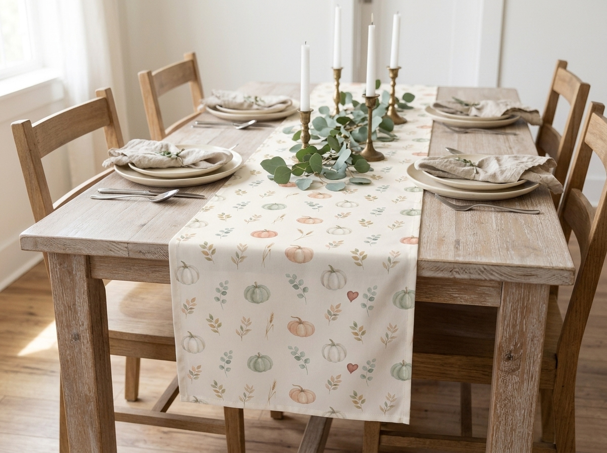 Watercolor Pumpkin Table Runner, Sage and Peach Neutral Thanksgiving Table Decor, Farmhouse Fall Runner